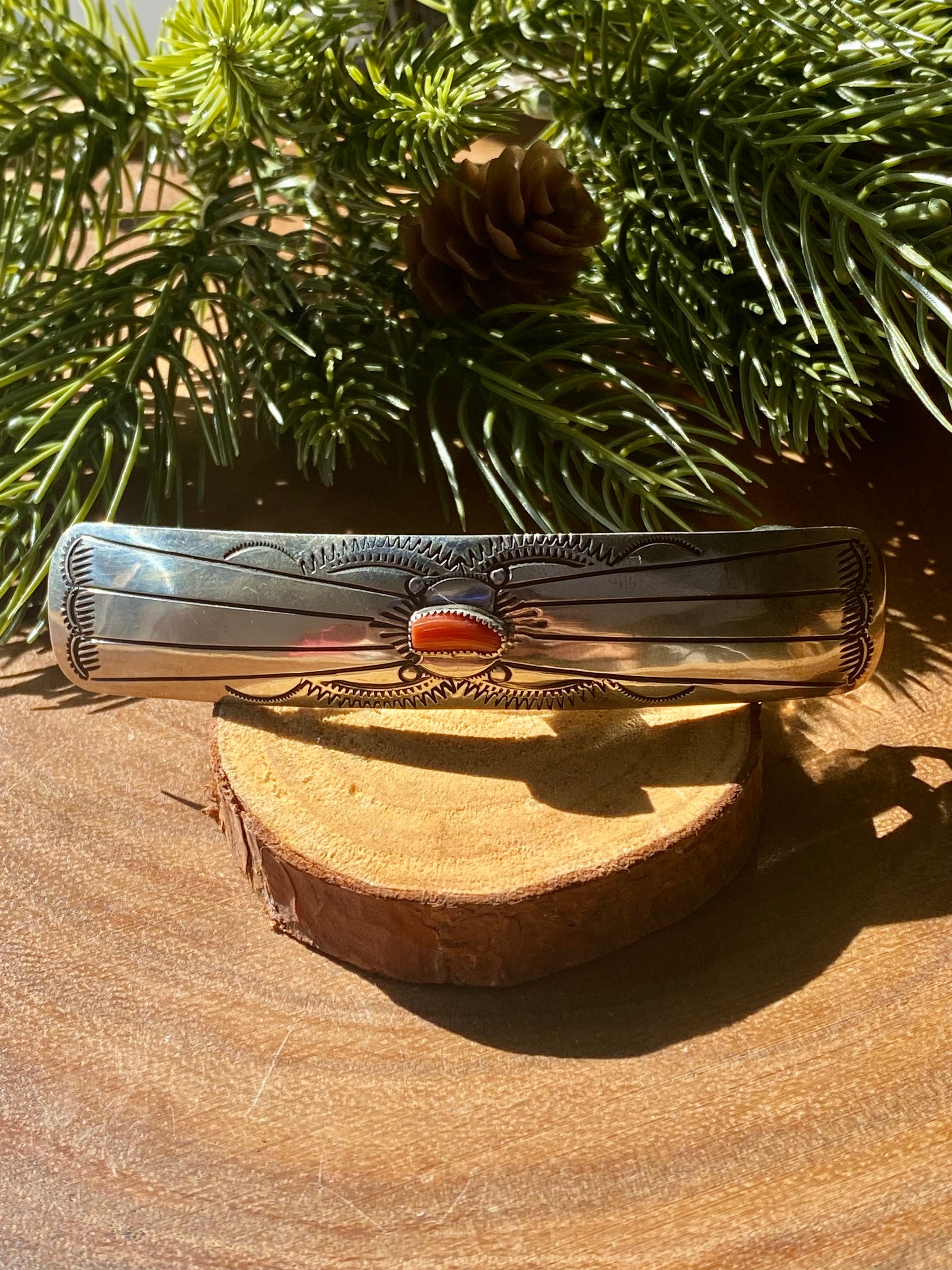 Navajo Made Coral & Sterling Silver Barrette