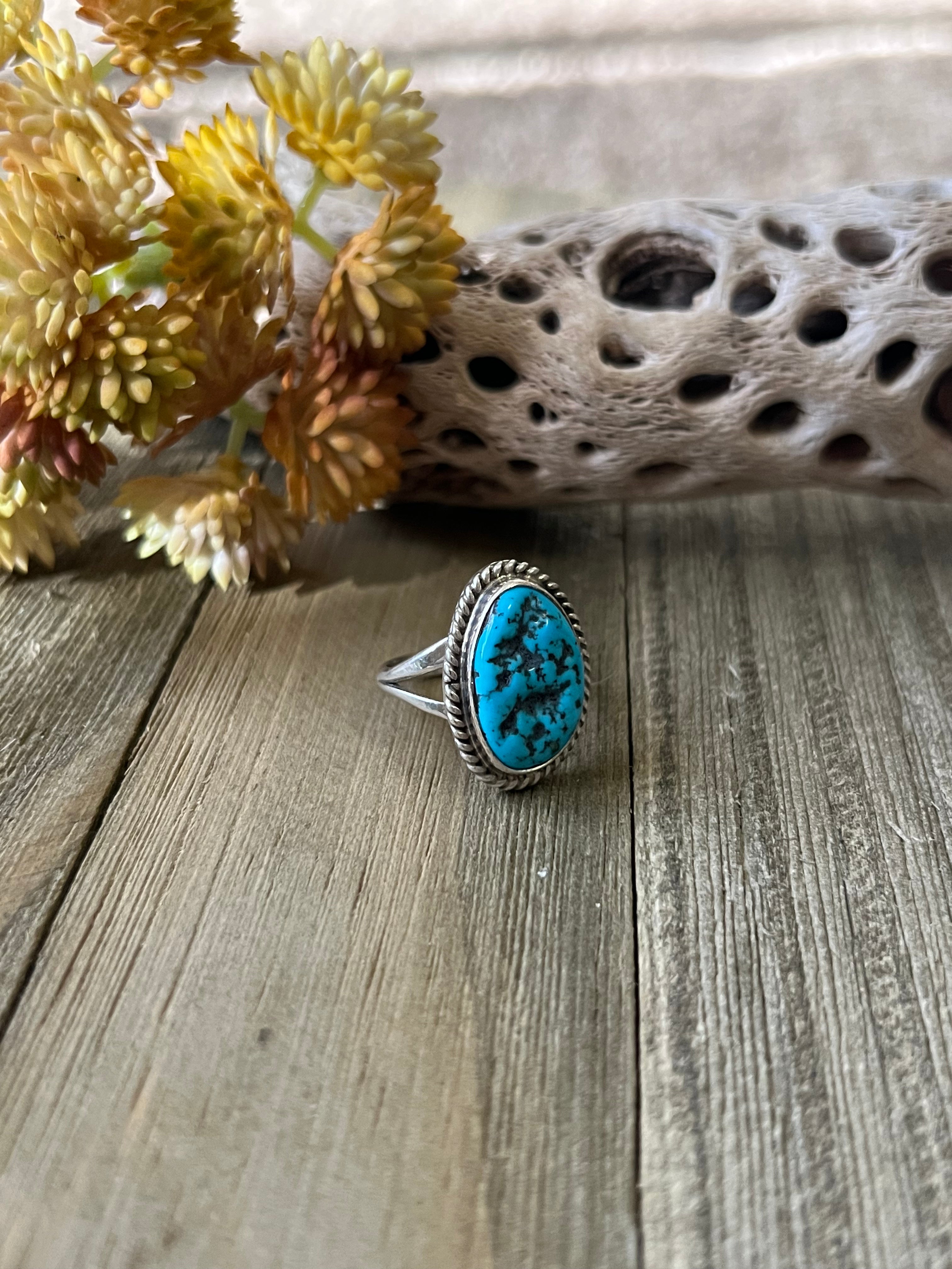 Navajo Made Kingman Turquoise & Sterling Silver Ring Size 7.75