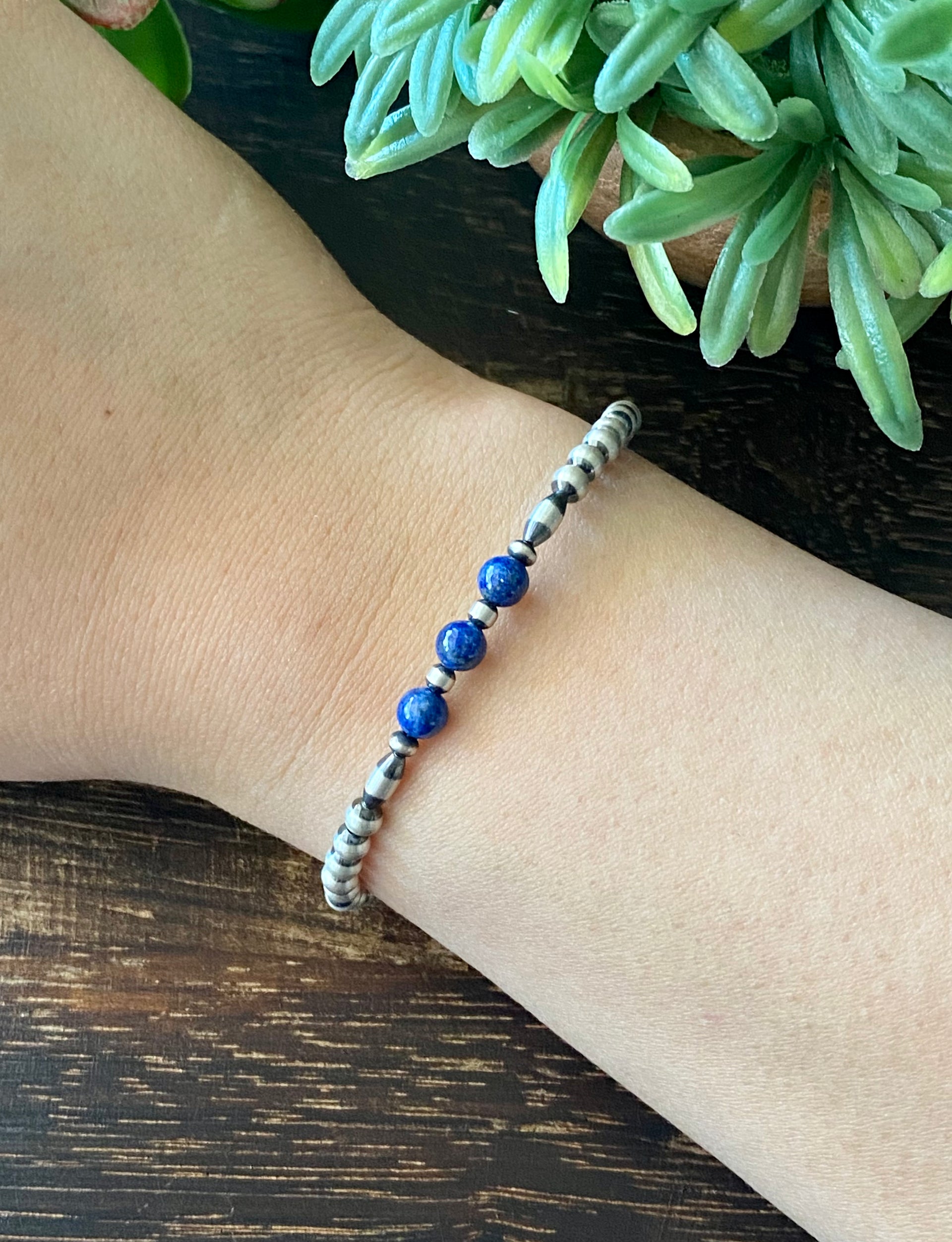 Navajo Made Lapis & Sterling Silver Pearl Bracelet