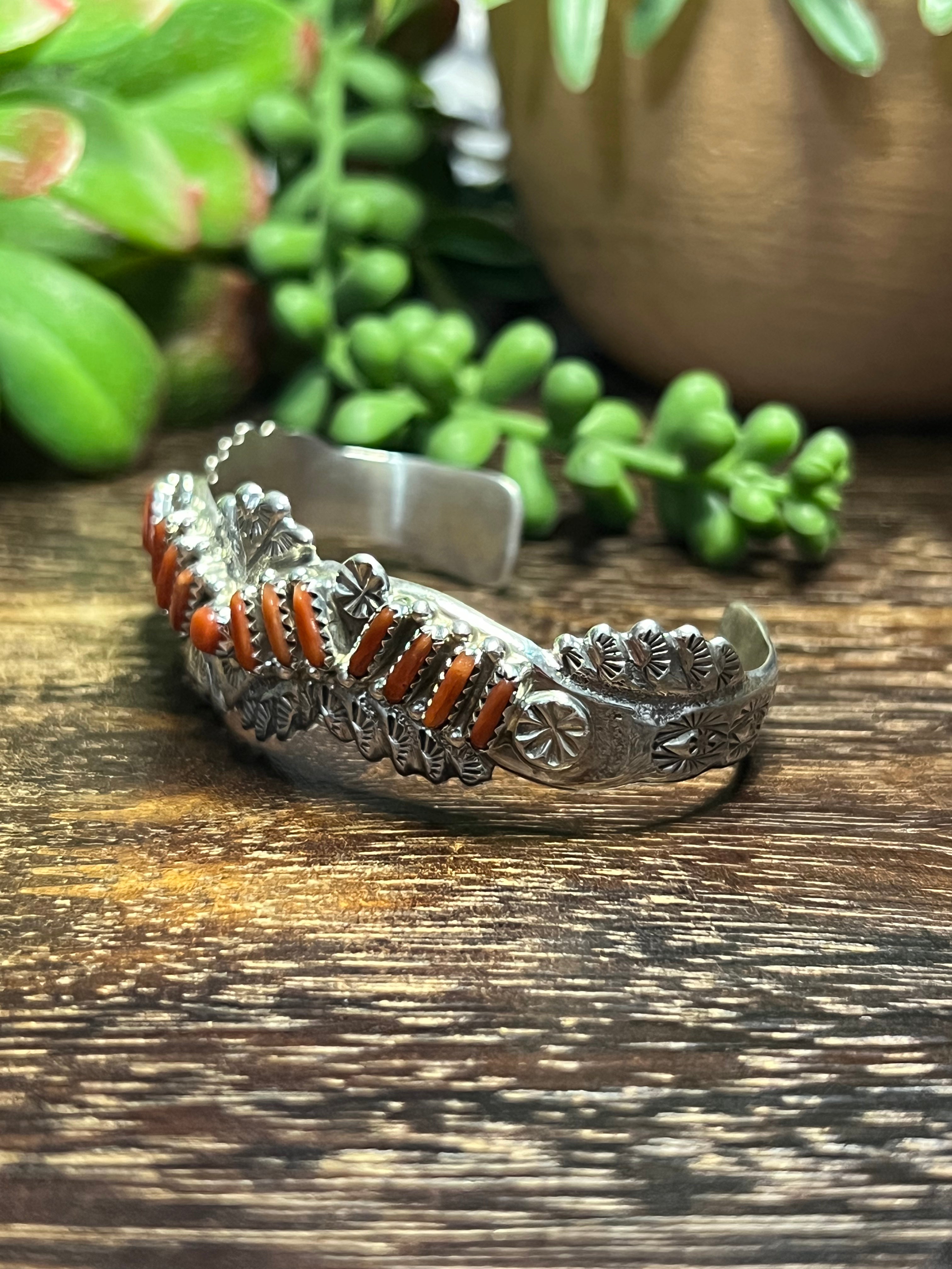 Navajo Made Coral & Sterling Silver Cuff Bracelet