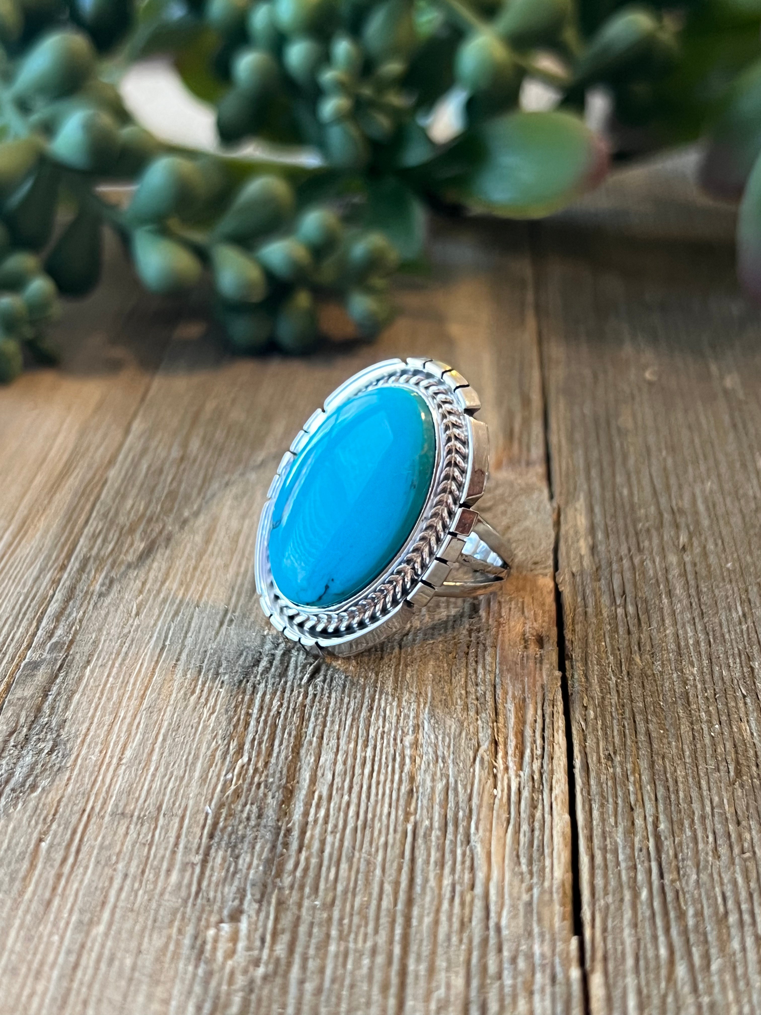 Navajo Made Kingman Turquoise & Sterling Silver Ring Size 6.75