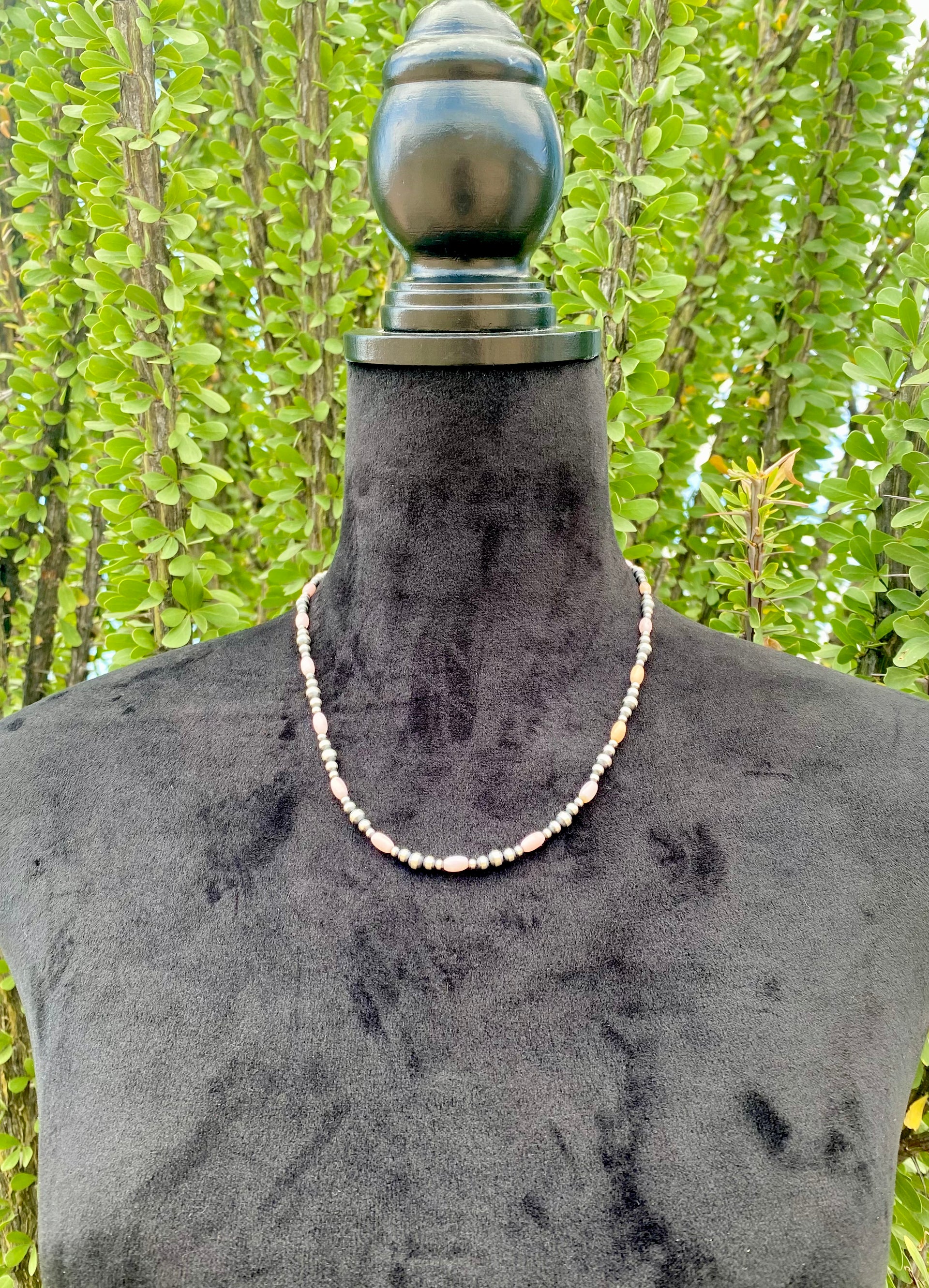 Navajo Made Pink Opal & Sterling Silver Graduated Pearl Necklace