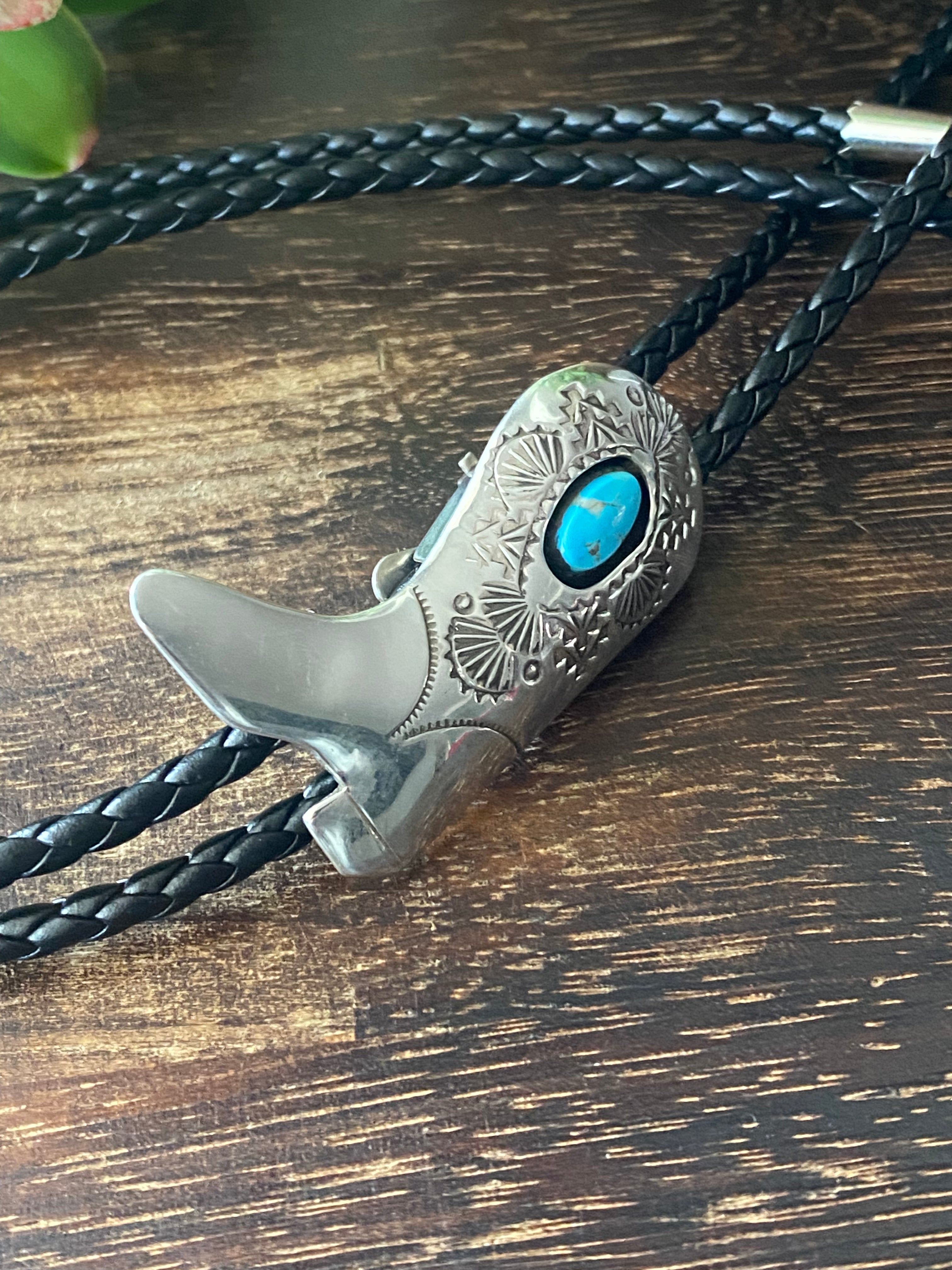 Navajo Made Kingman Turquoise & Sterling Silver Bolo Tie