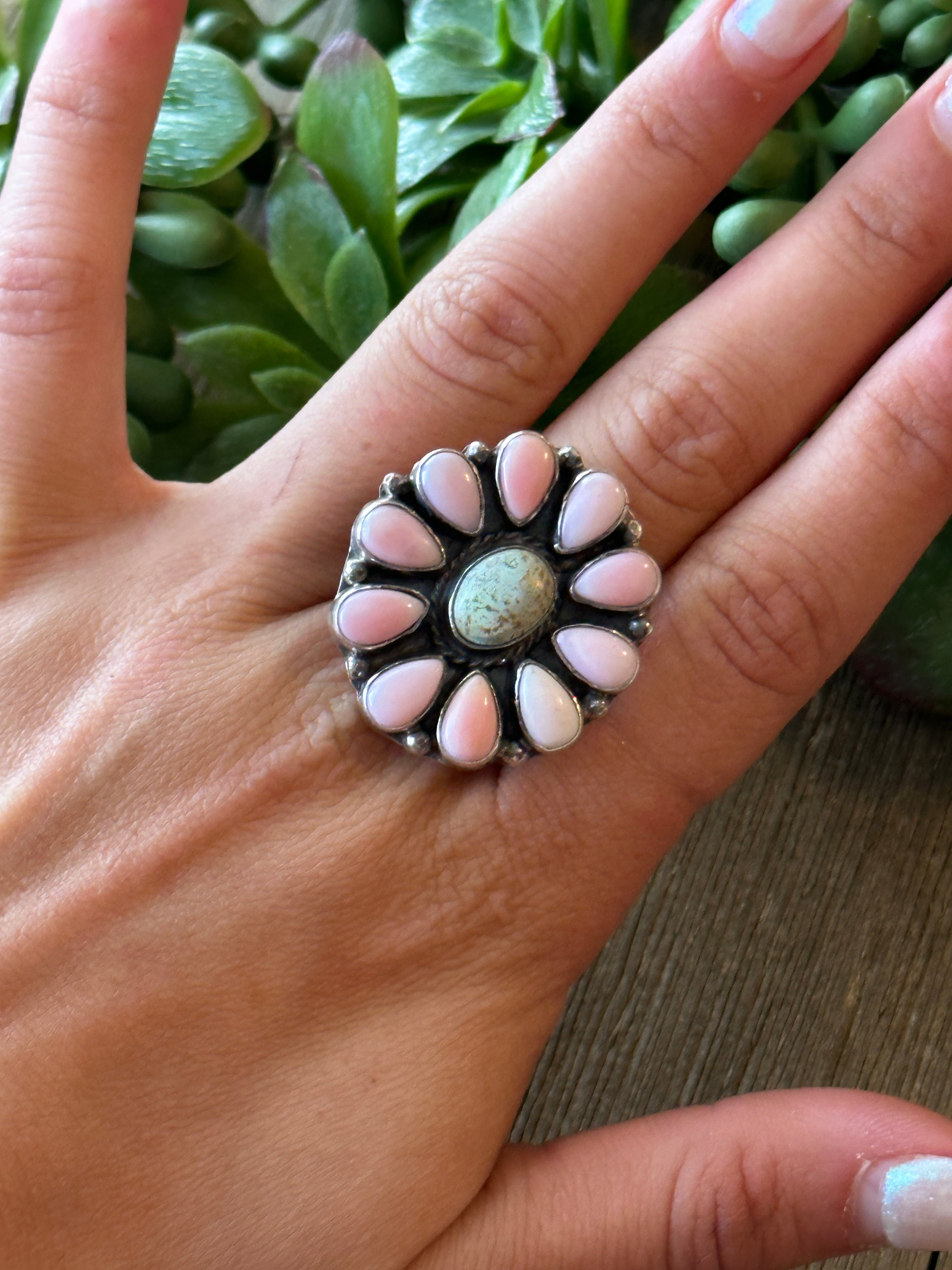 Navajo Made Golden Hill & Pink Conch & Sterling Silver Adjustable Cluster Ring