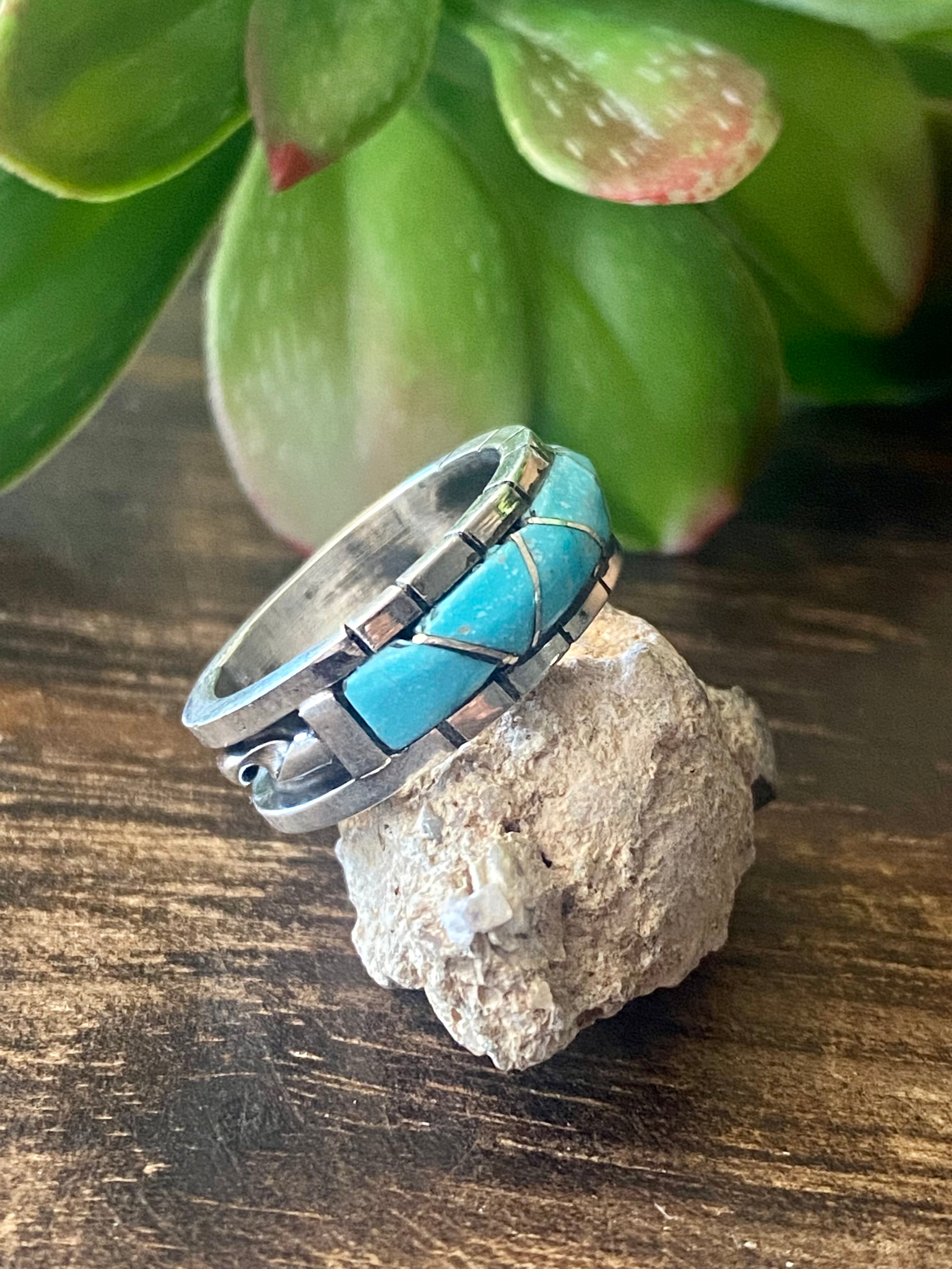 Zuni Made Turquoise & Sterling Silver Inlay Ring Size 6.25