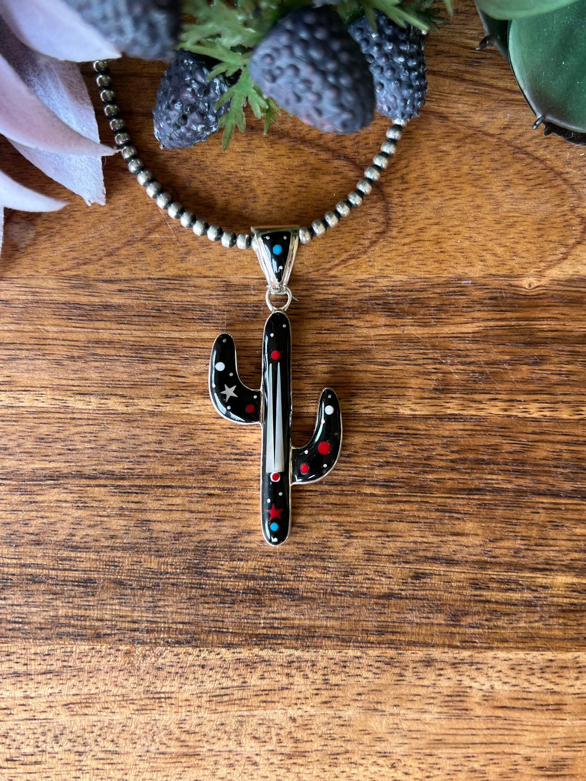 Southwest Handmade Mutli Stone & Sterling Silver Micro Inlay Saguaro Pendant
