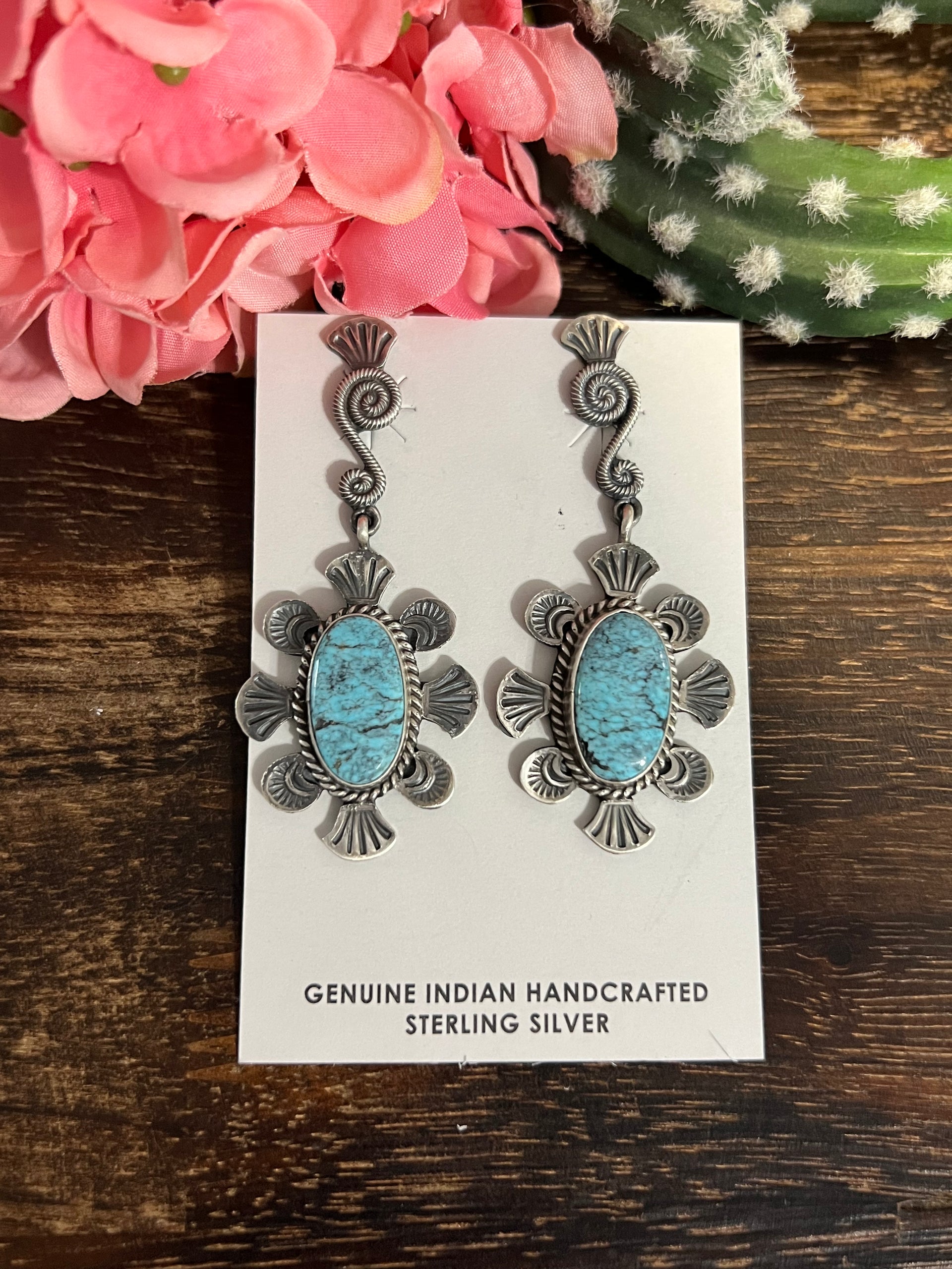 Martha Cayatineto Made Kingman Turquoise & Sterling Silver Post Dangle Earrings