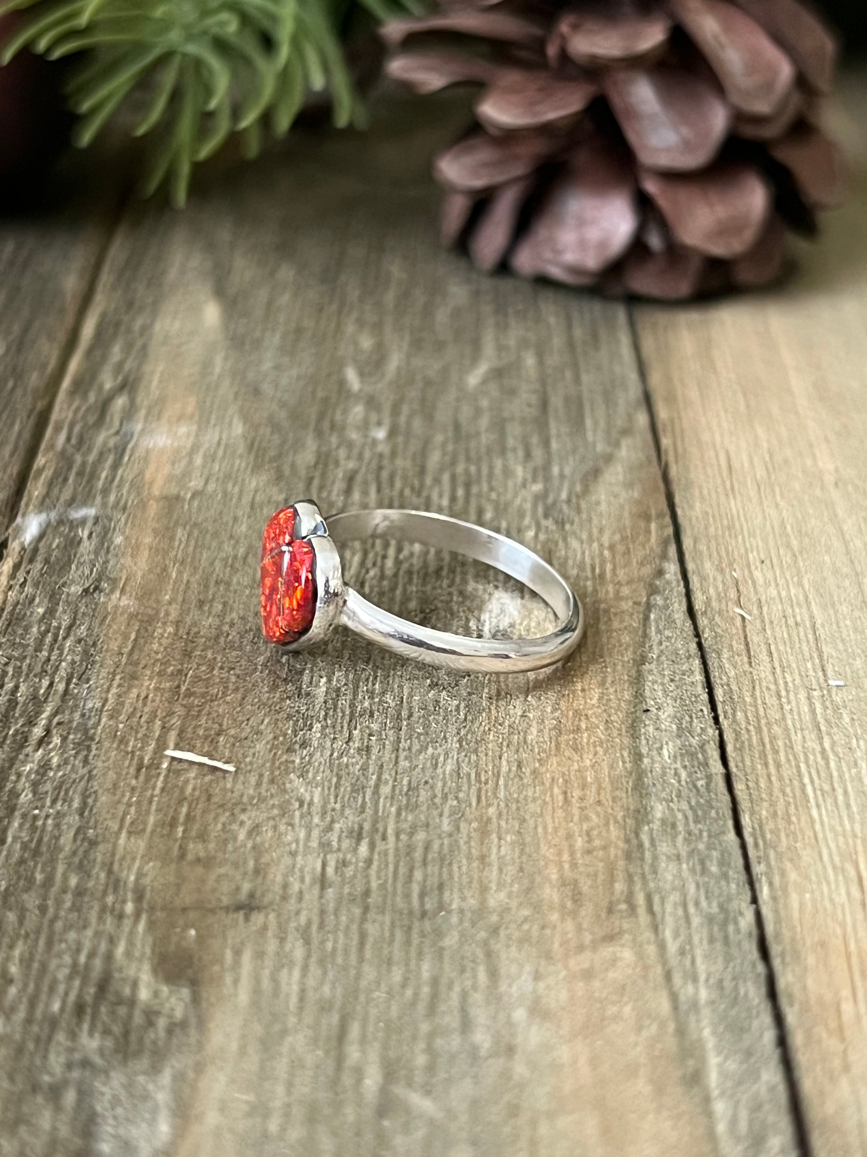 Zuni Made Red Opal (Man Made) & Sterling Silver Ring