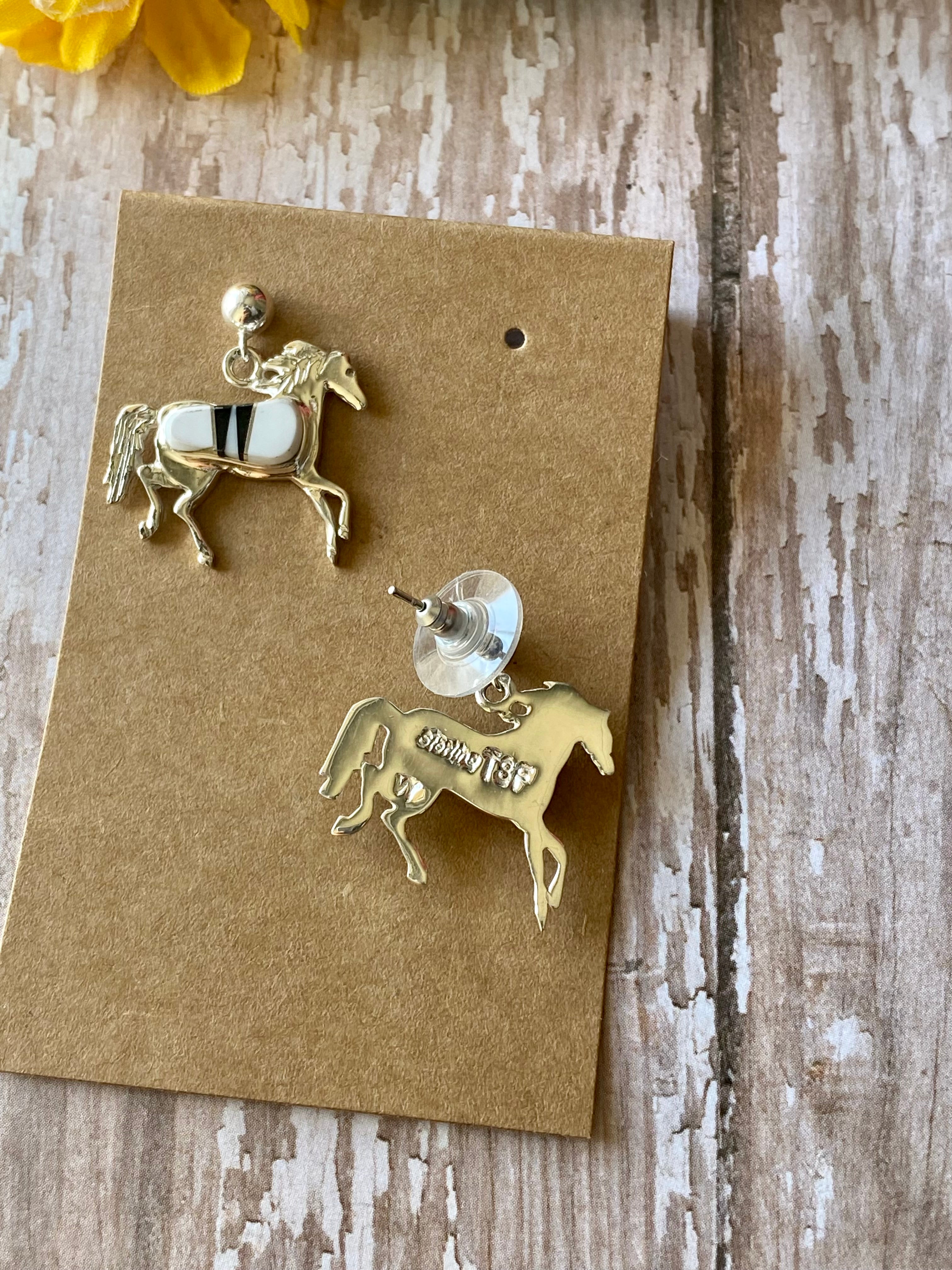 Valerie Yazzie Multi Stone & Sterling Silver Inlay Horse Post Dangle Earrings