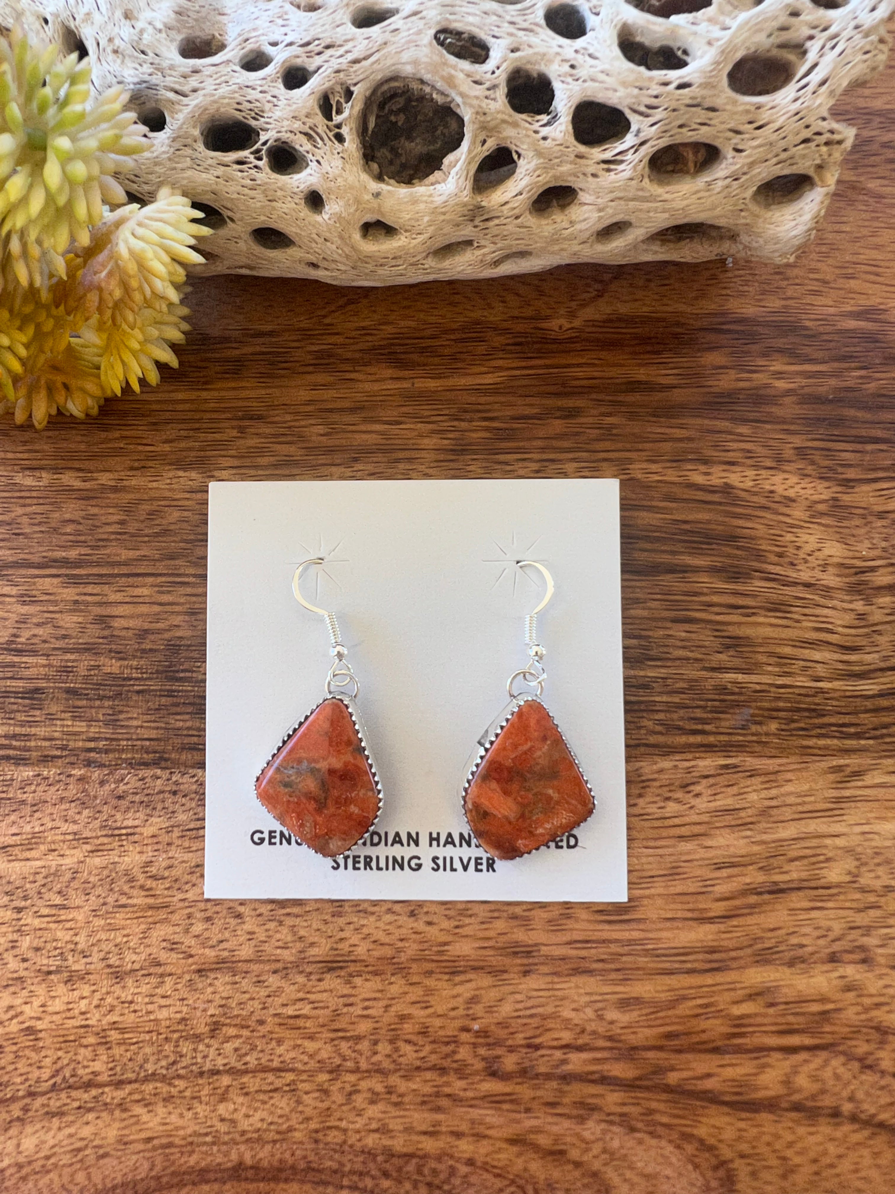 Navajo Made Apple Coral & Sterling Silver Dangle Earrings