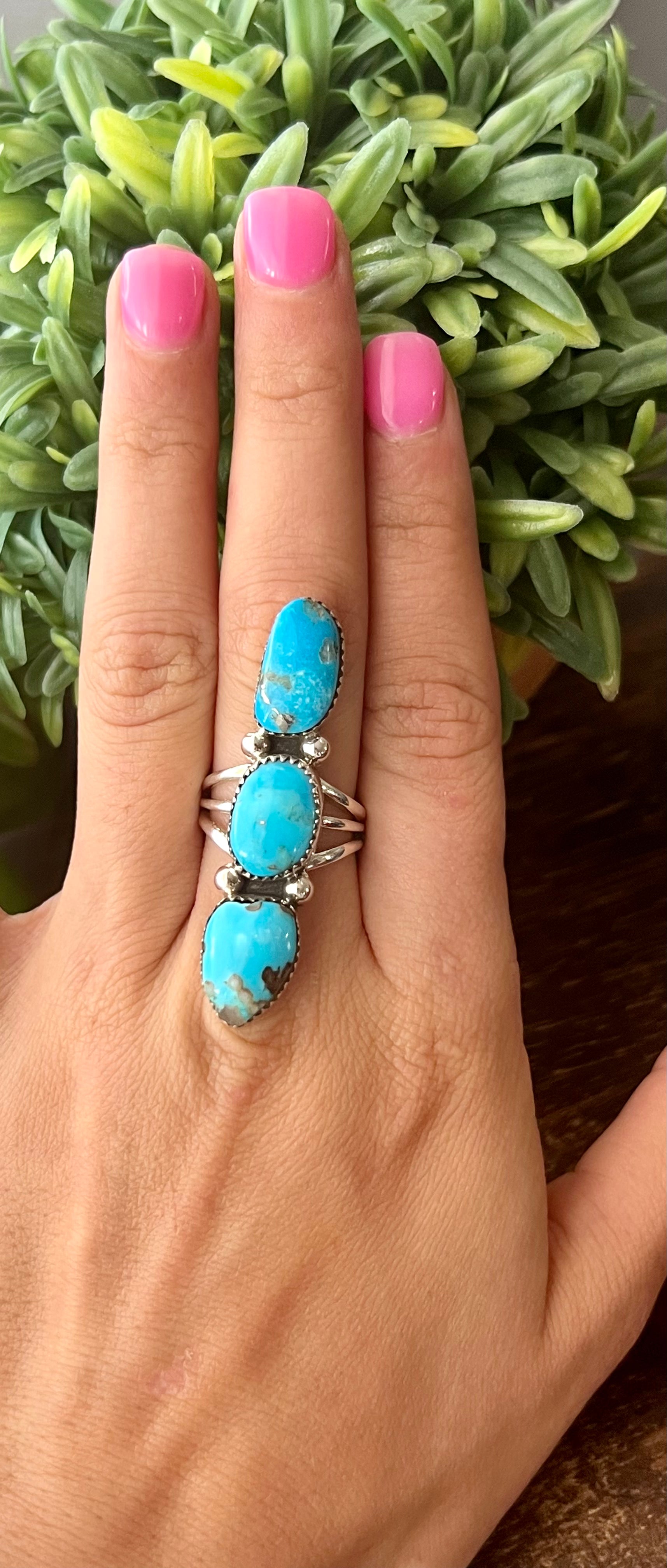 Southwest Handmade Kingman Turquoise & Sterling Silver Climber Ring Size 6.5 Stamped Sterling