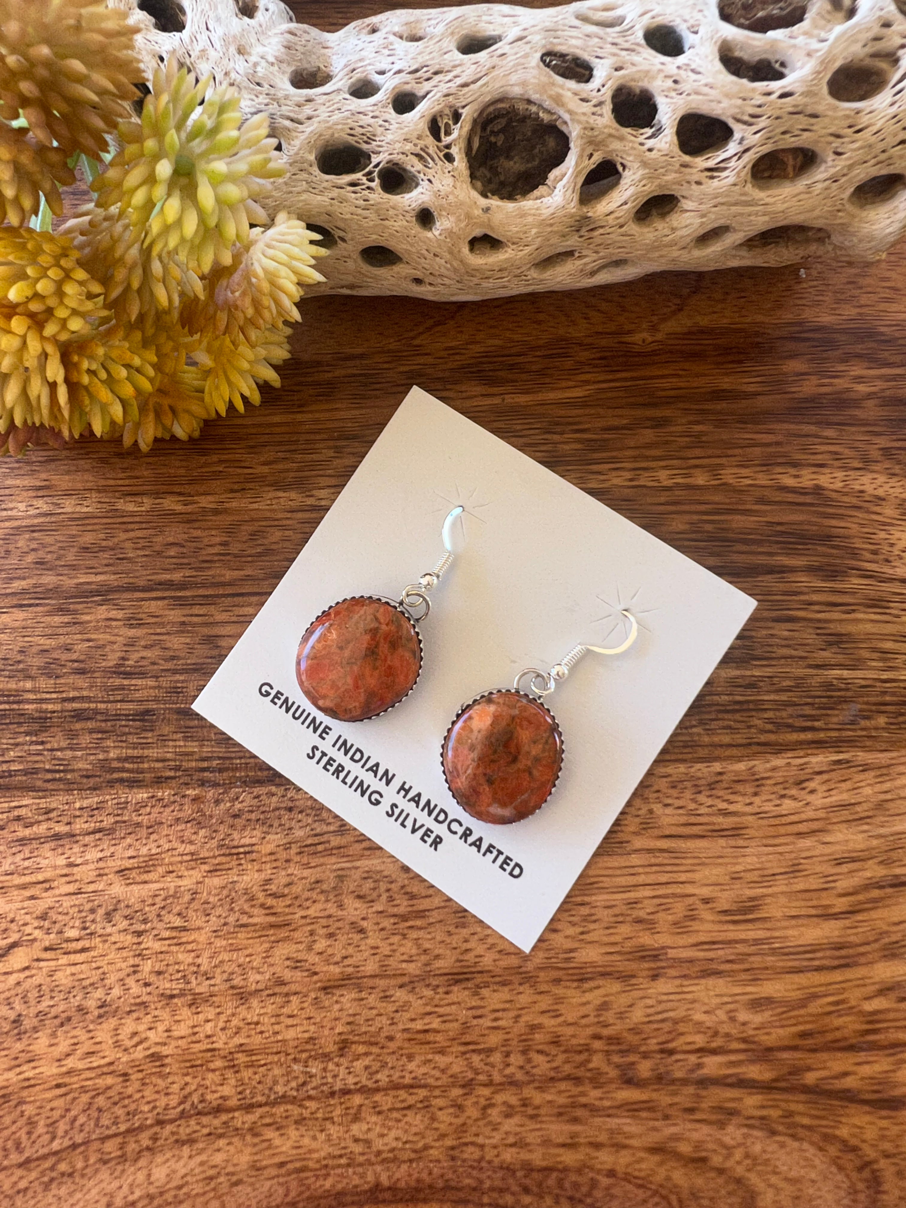 Navajo Made Apple Coral & Sterling Silver Dangle Earrings