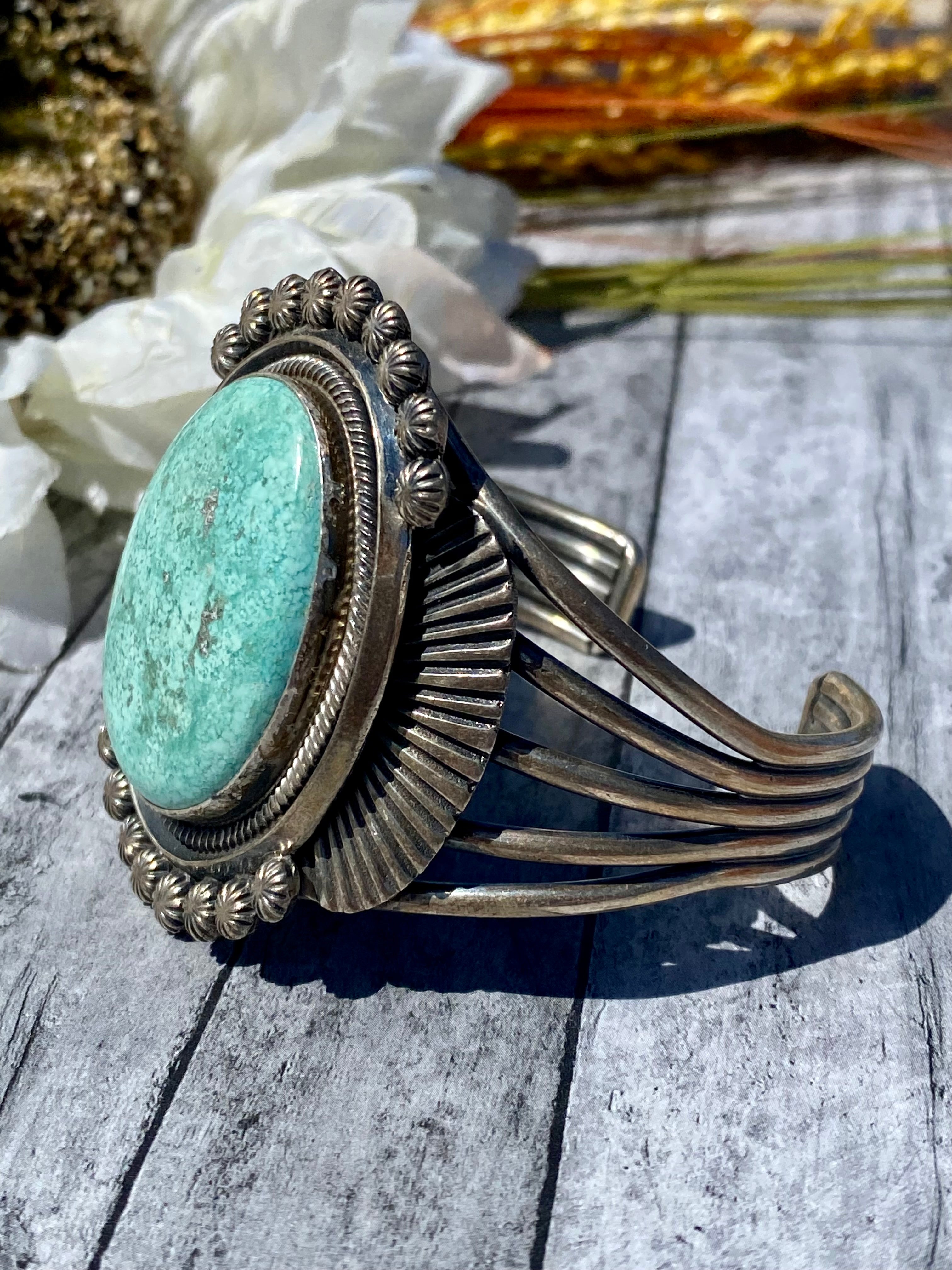 Leon M.T.Z. Navajo Made Carico Lake Turquoise & Sterling Silver Cuff Bracelet