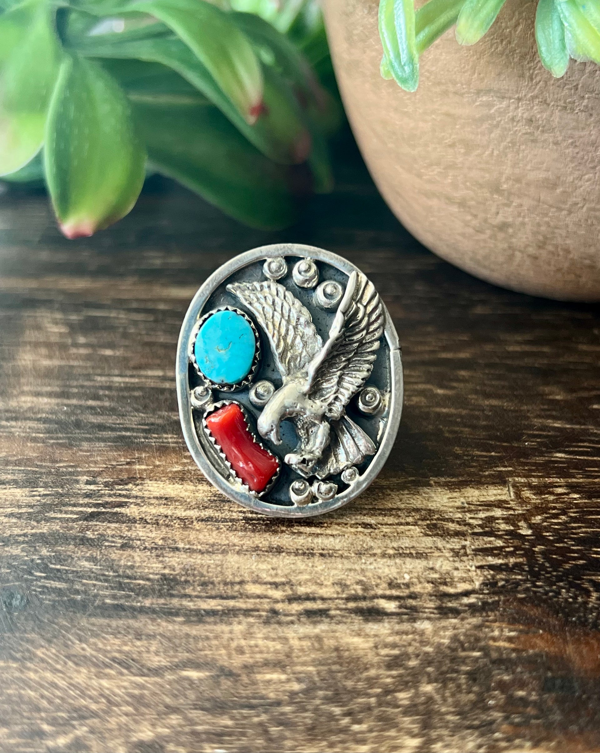 Jeannette Sanders Kingman Turquoise & Coral Sterling Silver Eagle Ring Size 9.25