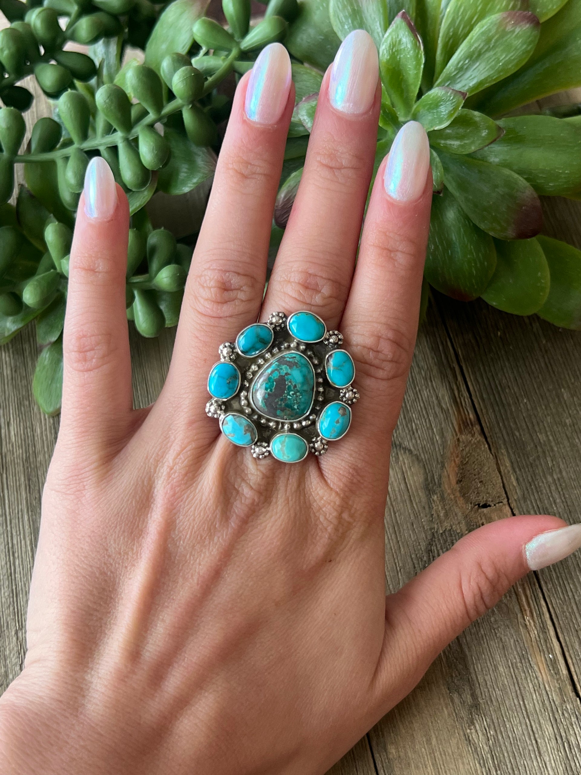 Chris Etsitty Kingman Turquoise & Sterling Silver Ring Size 6.75