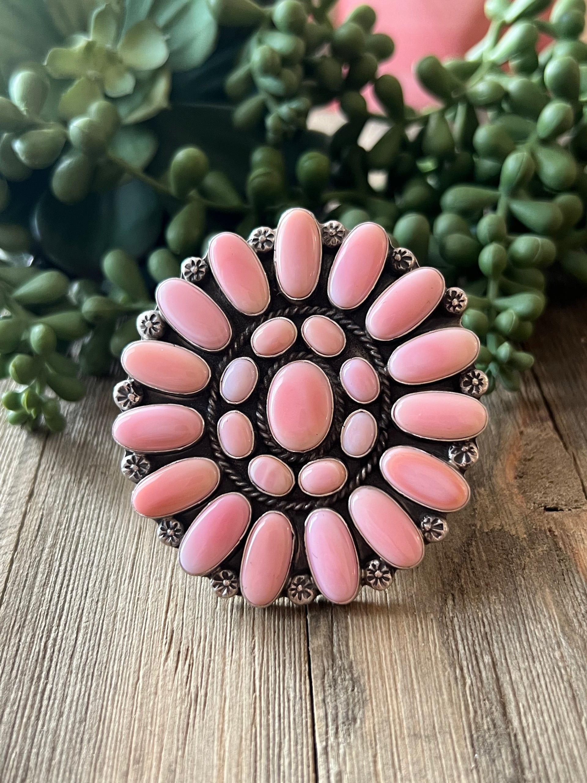 Navajo Made Pink Conch & Sterling Silver Adjustable Ring