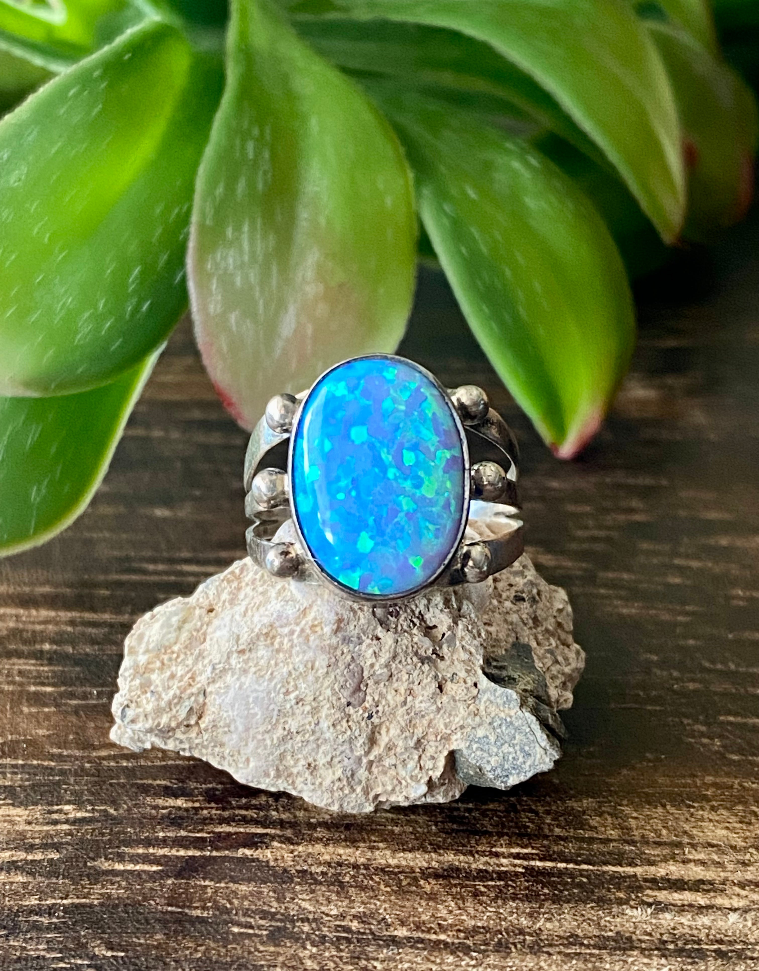 Navajo Made Blue Opal & Sterling Silver Ring Size 5.75