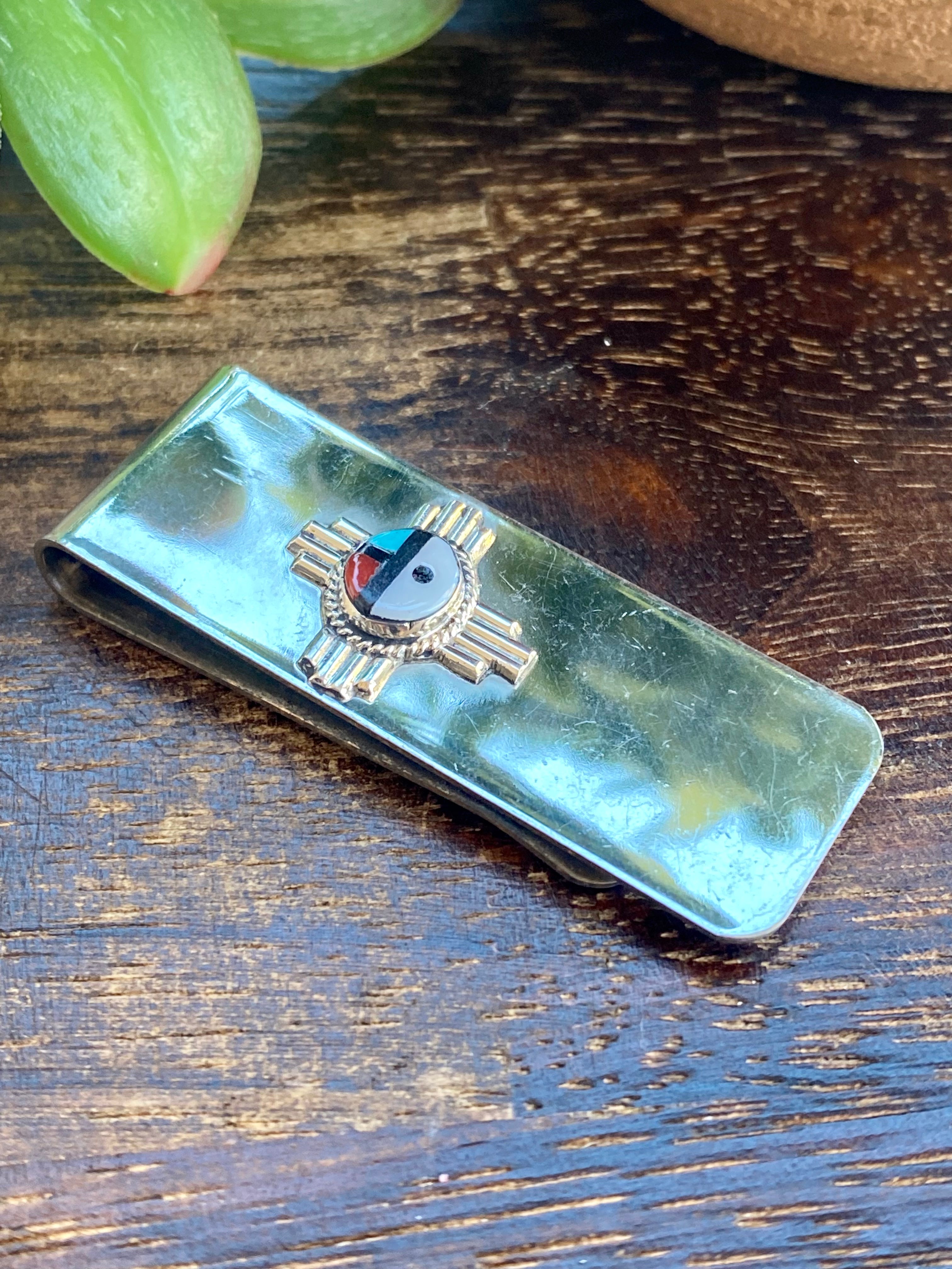 Navajo Made Multi Stone & Sterling Silver Inlay Sunface Zia MoneyClip