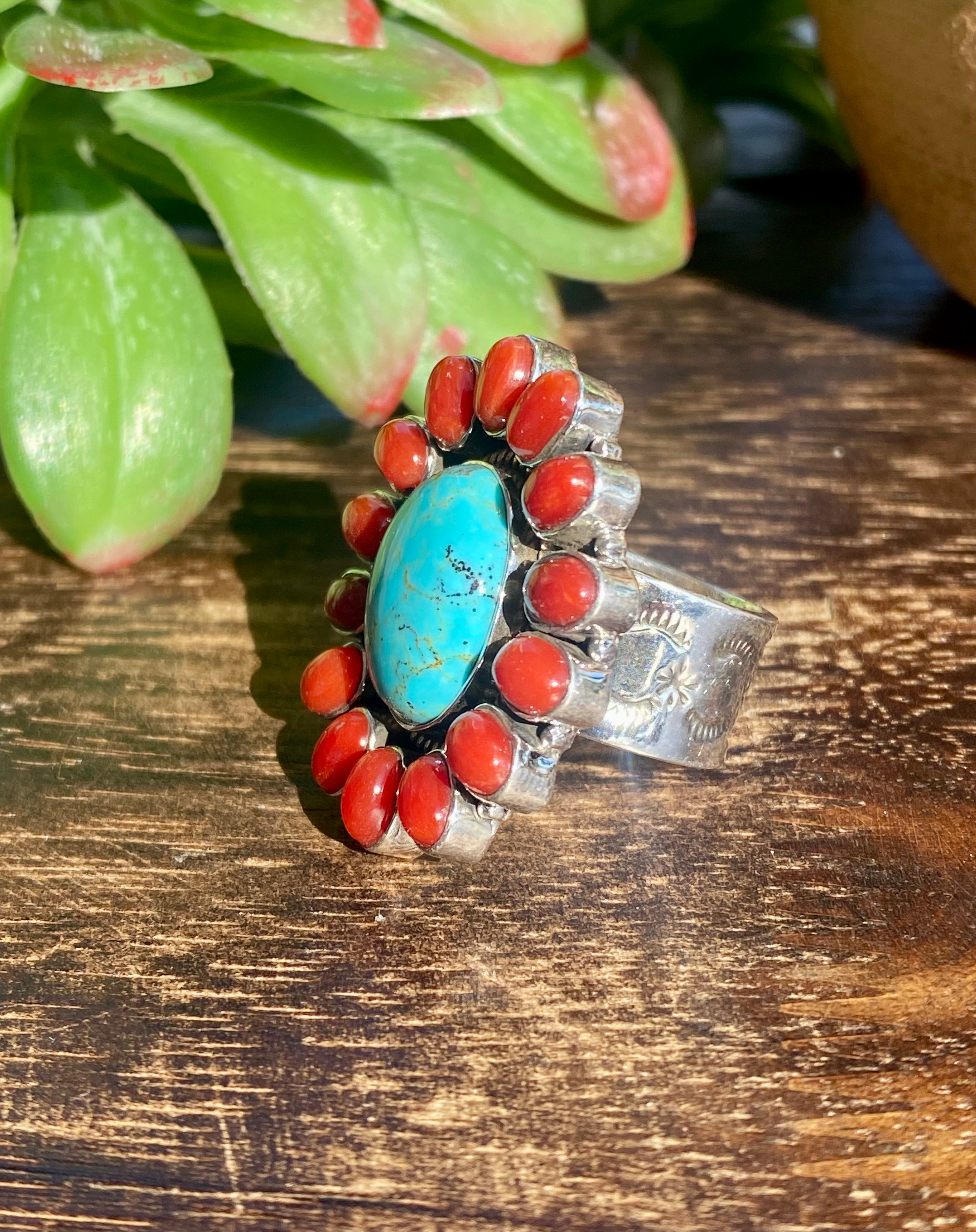 Southwest Handmade Kingman Turquoise & Coral Sterling Silver Adjustable Rings