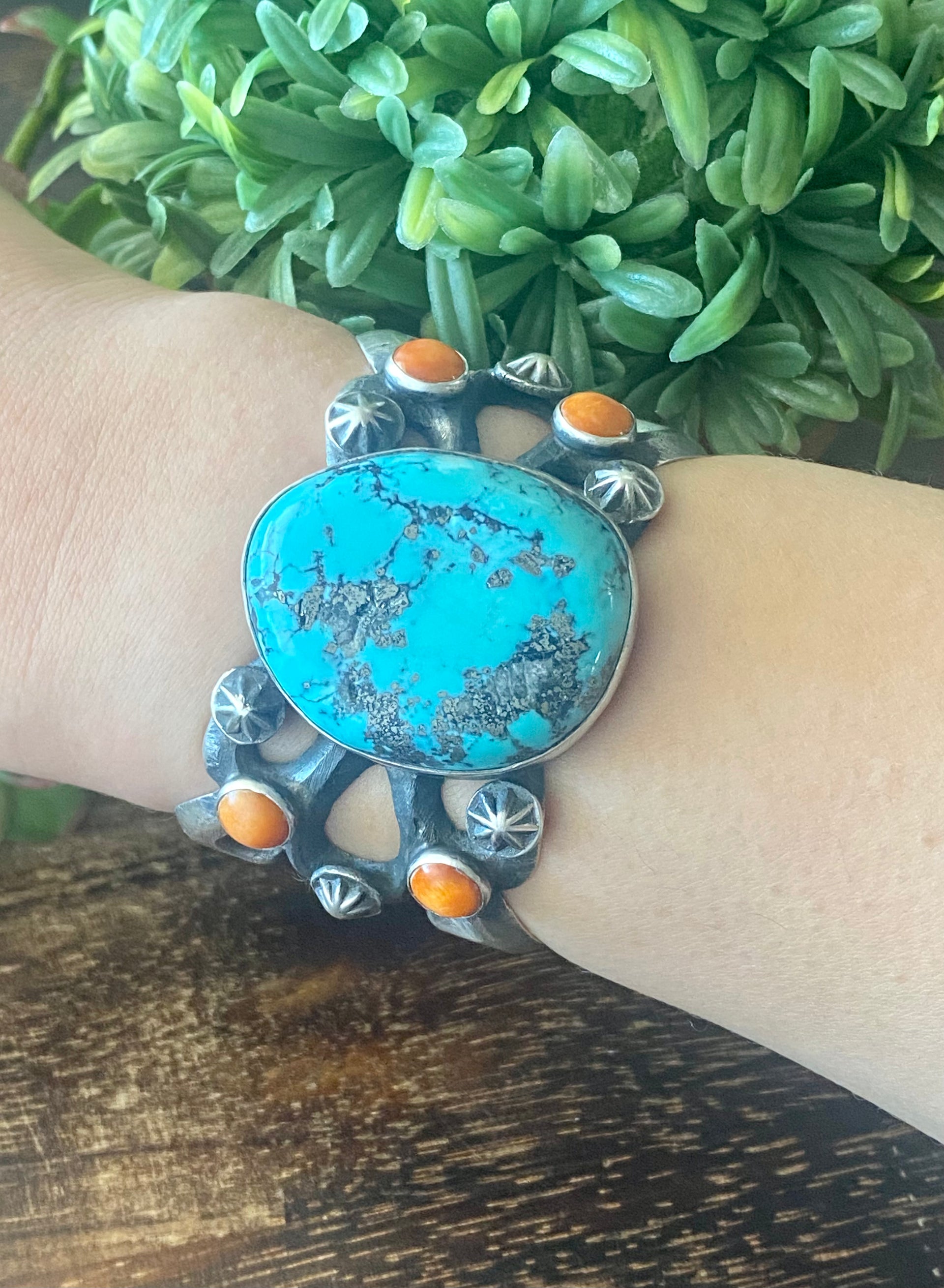 Chimney Butte Kingman Turquoise & Spiny Oys Sterling Silver Cuff Bracelet