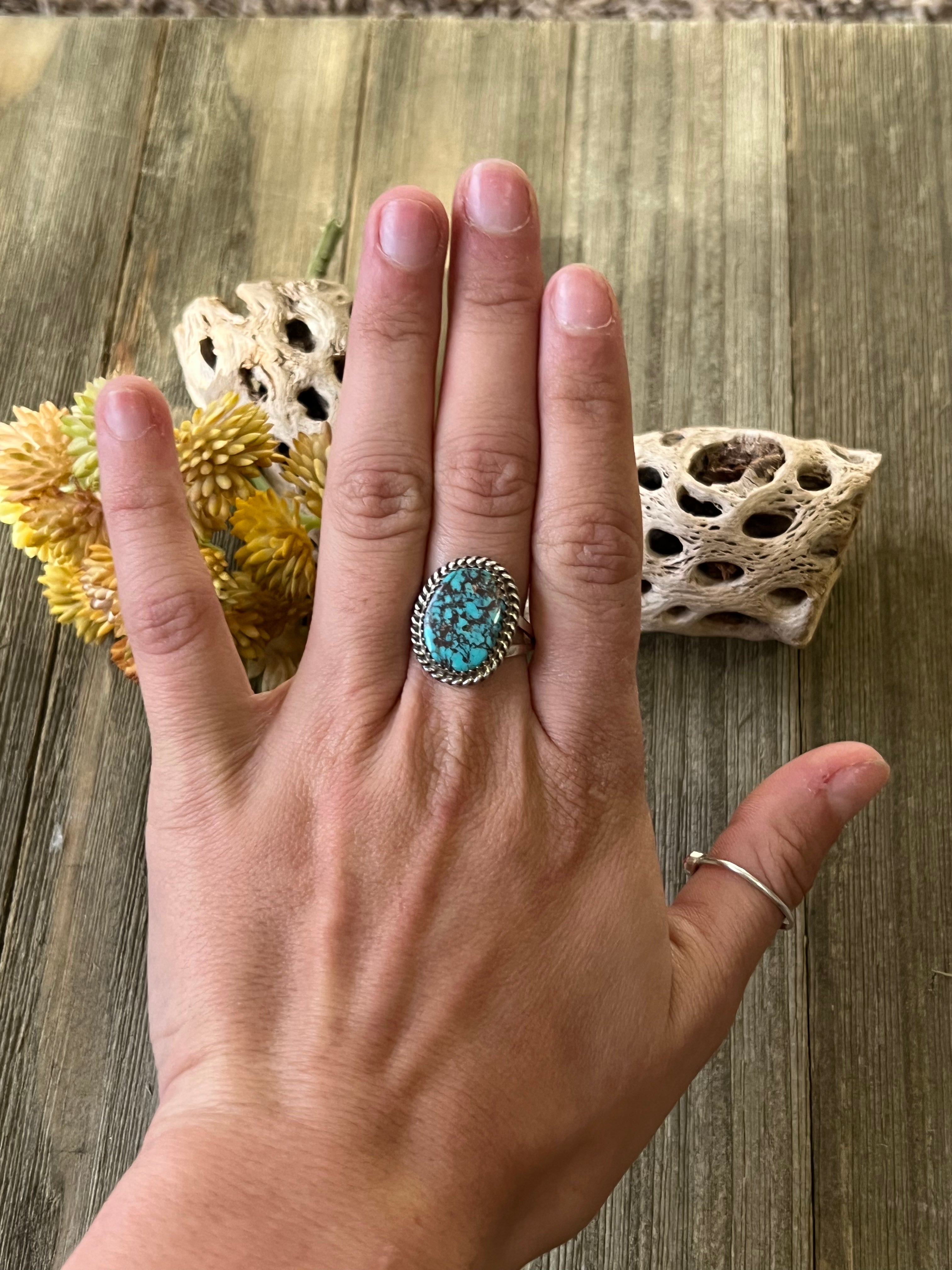 Navajo Made Kingman Turquoise & Sterling Silver Ring Size 8.25