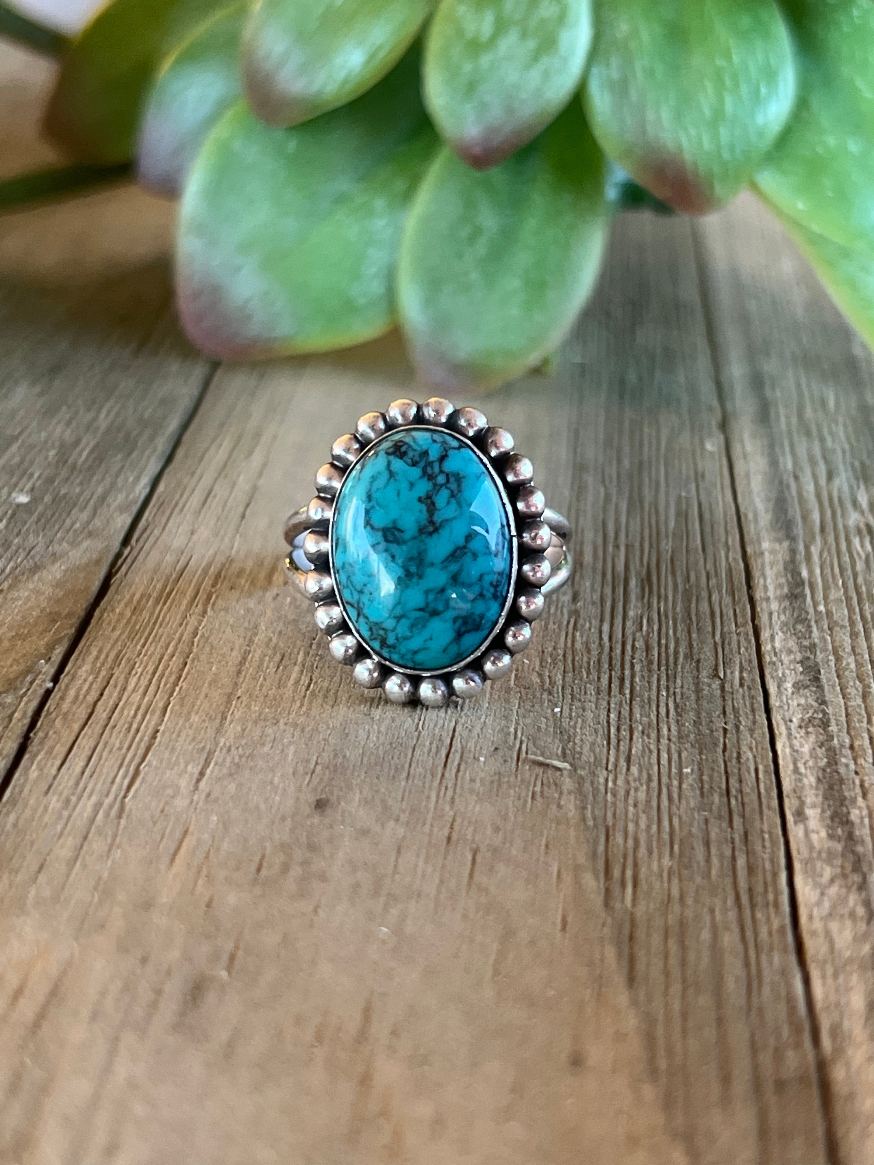 Navajo Made Kingman Turquoise & Sterling Silver Ring Size 9.25