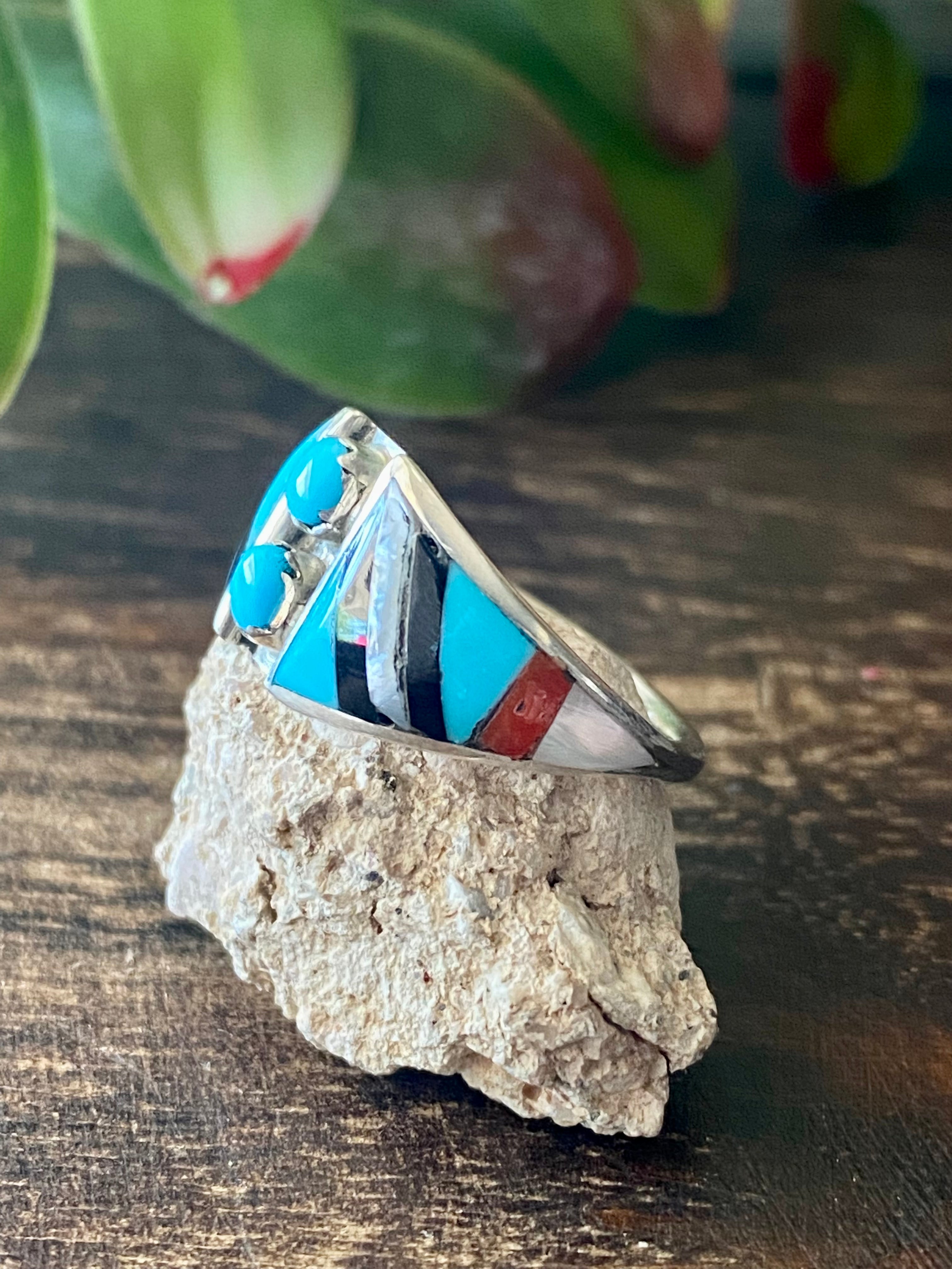 Zuni Made Multi Stone & Sterling Silver Inlay Ring Size 6.75
