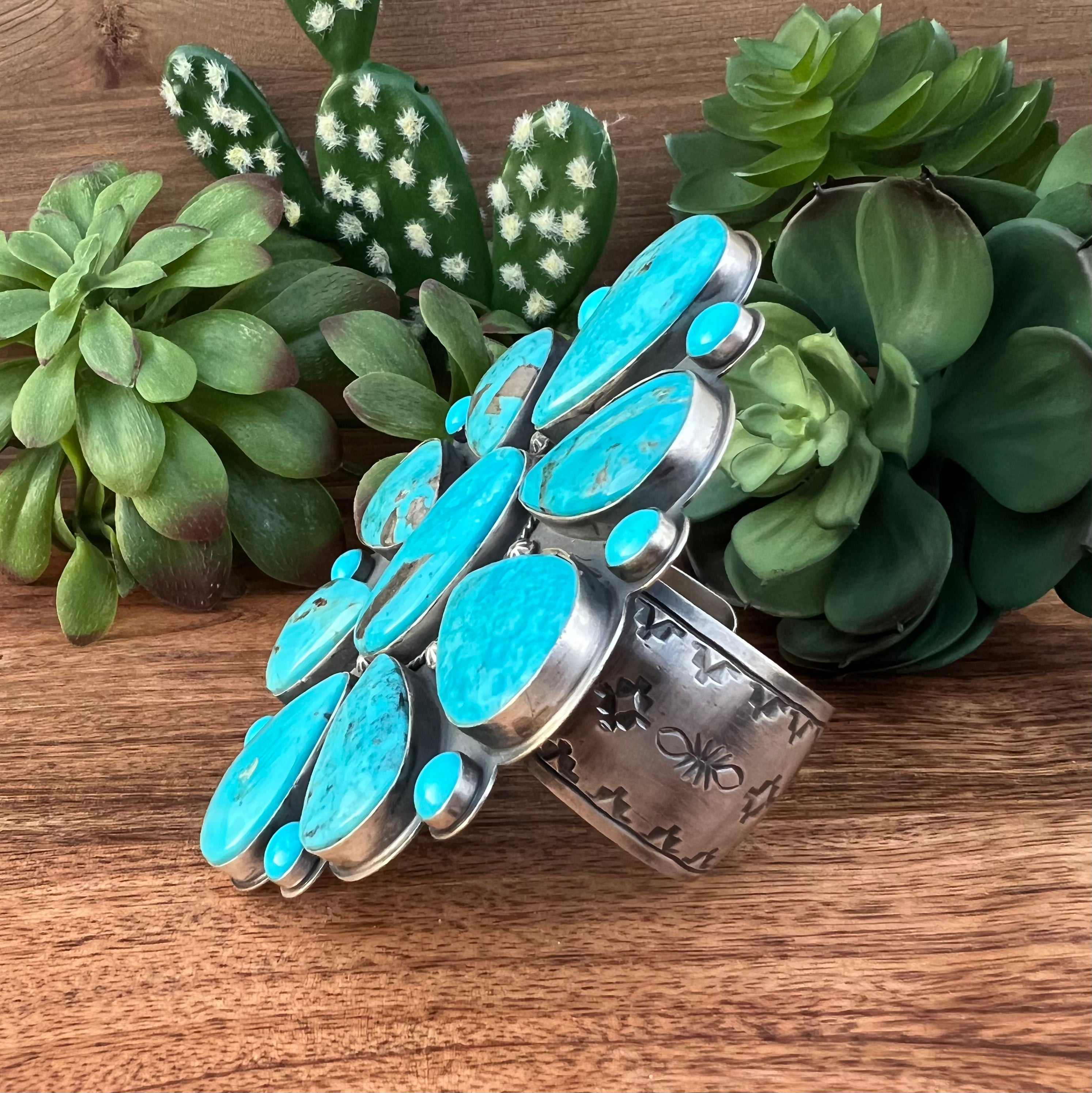 Navajo Made Kingman & Sterling Silver Cluster Bracelet