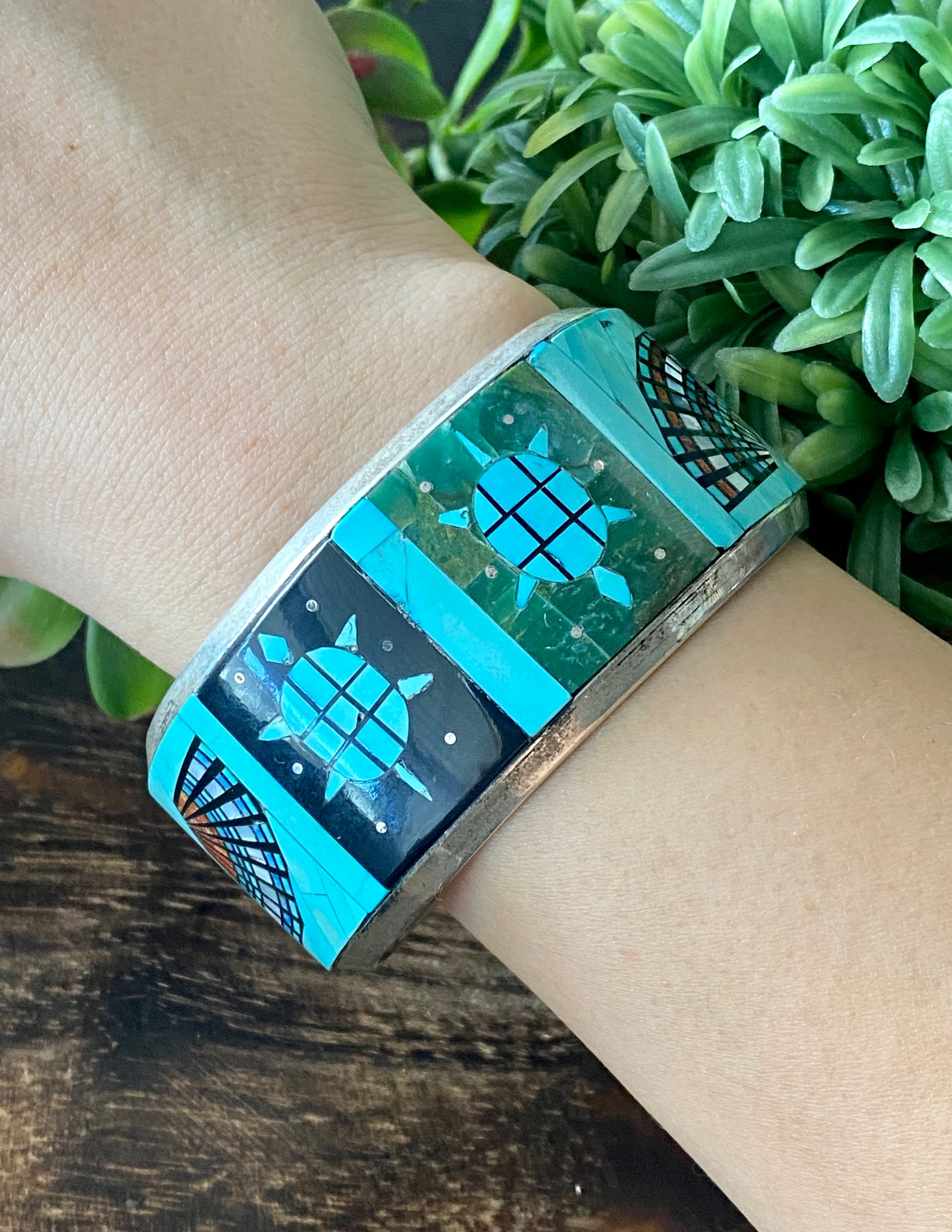 Bob Becenti & Lester James Multi Stone Sterling Silver Inlay Turtle Cuff Bracelet