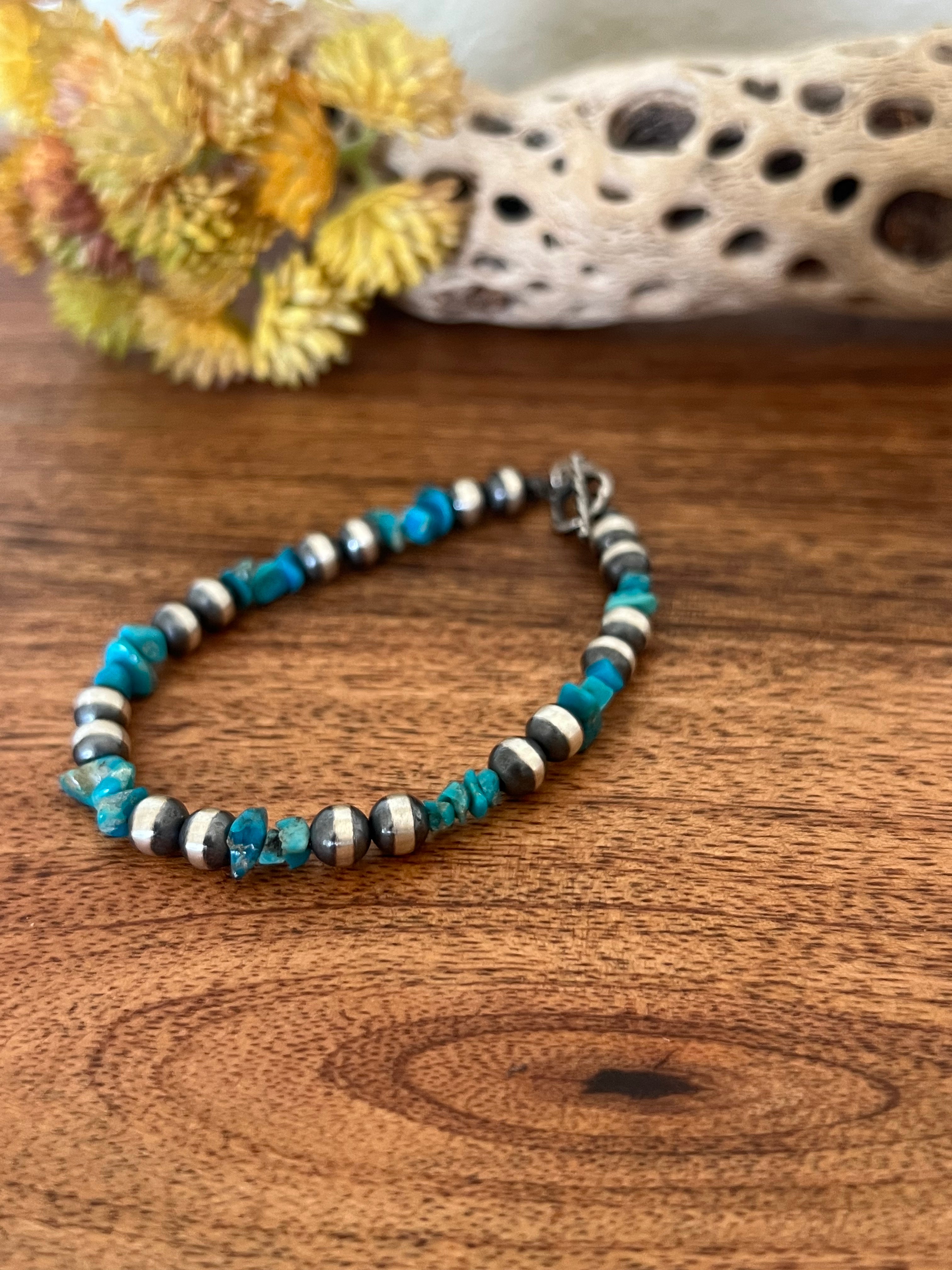 Navajo Strung Kingman Turquoise & Sterling Silver 5 MM Pearl Bracelet