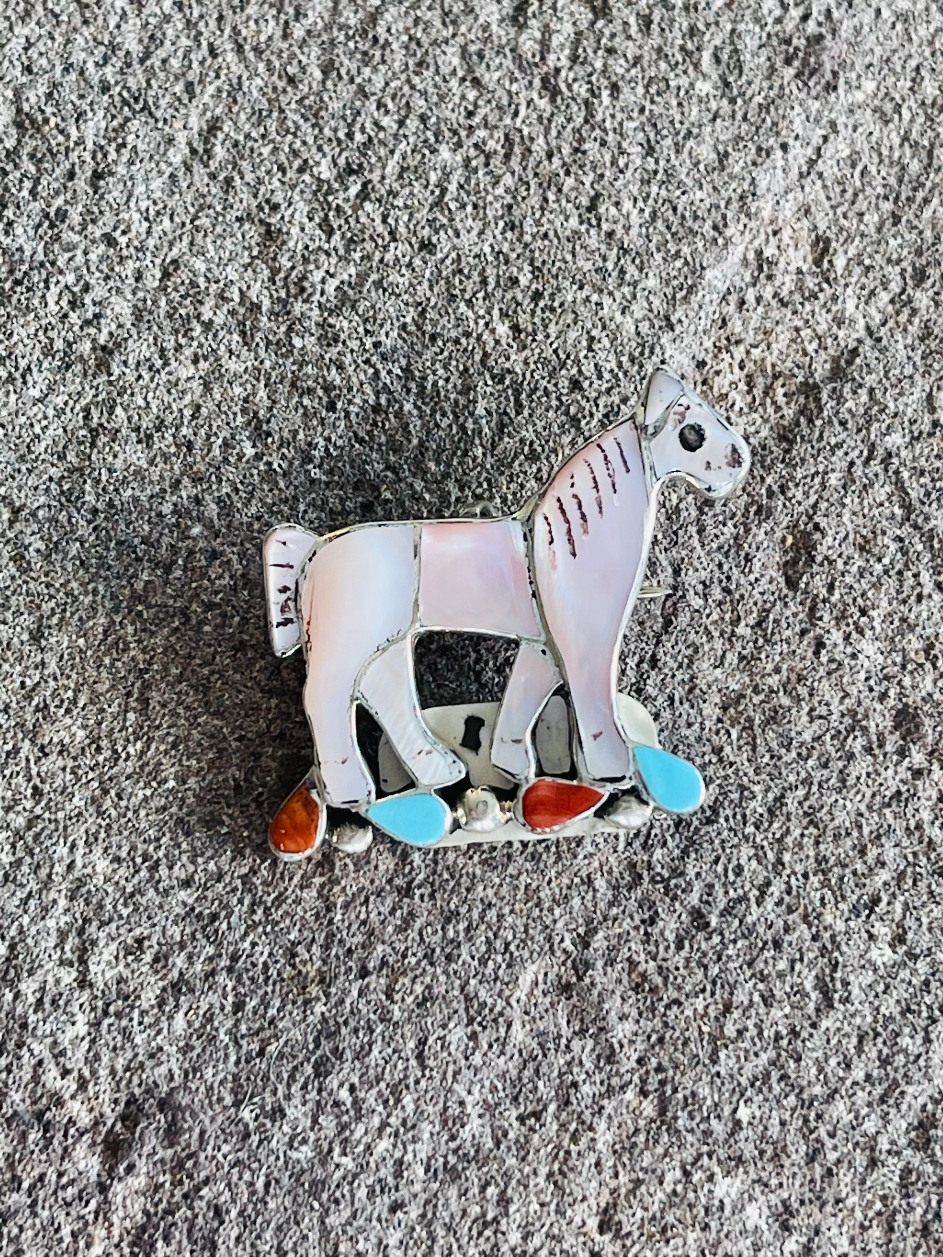 Carlene Leekity Multi Stone & Sterling Silver Inlay Horse Pin/Pendant