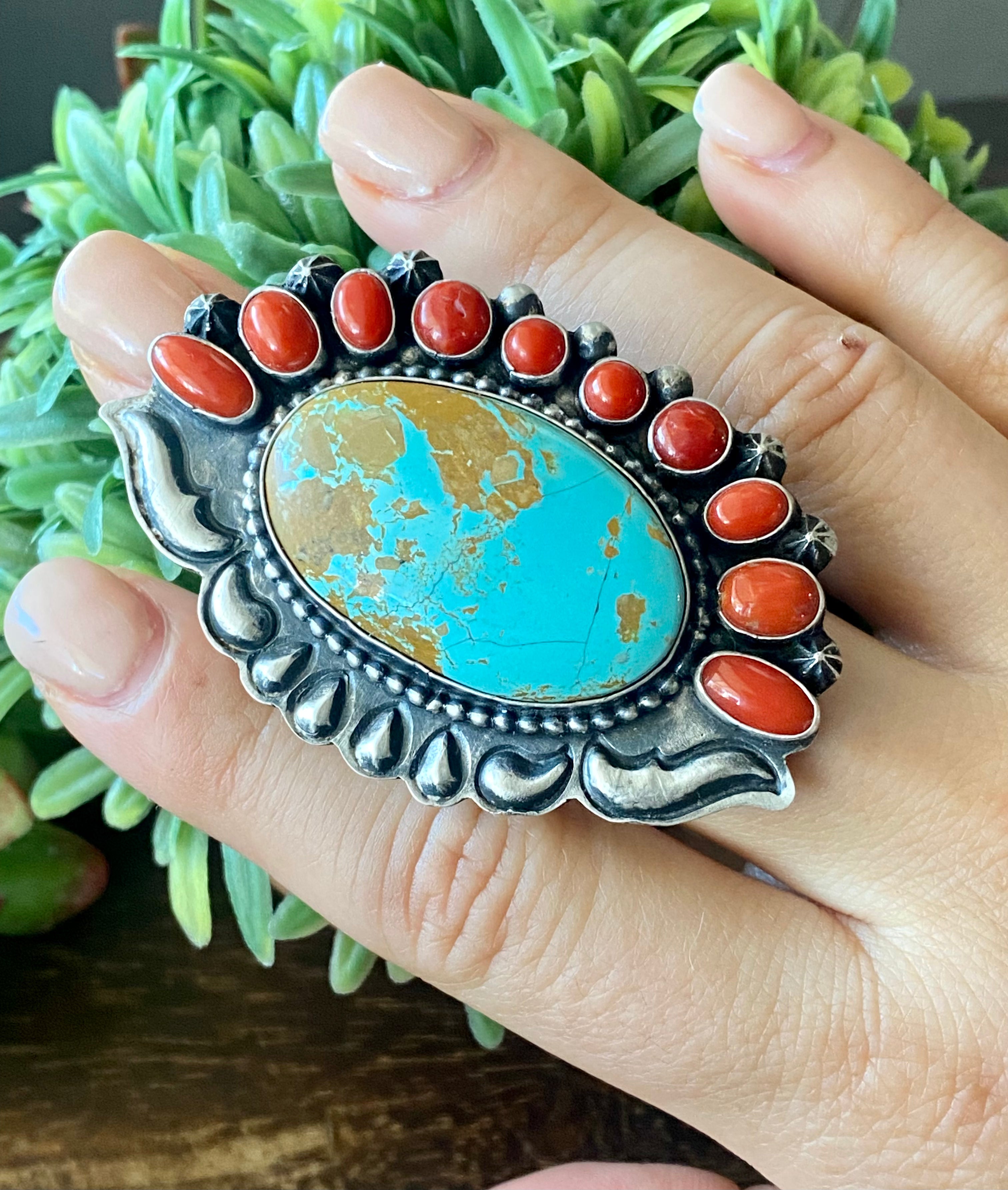 Shawn Cayatineto Royston Turquoise & Coral Sterling Silver Ring Size 8