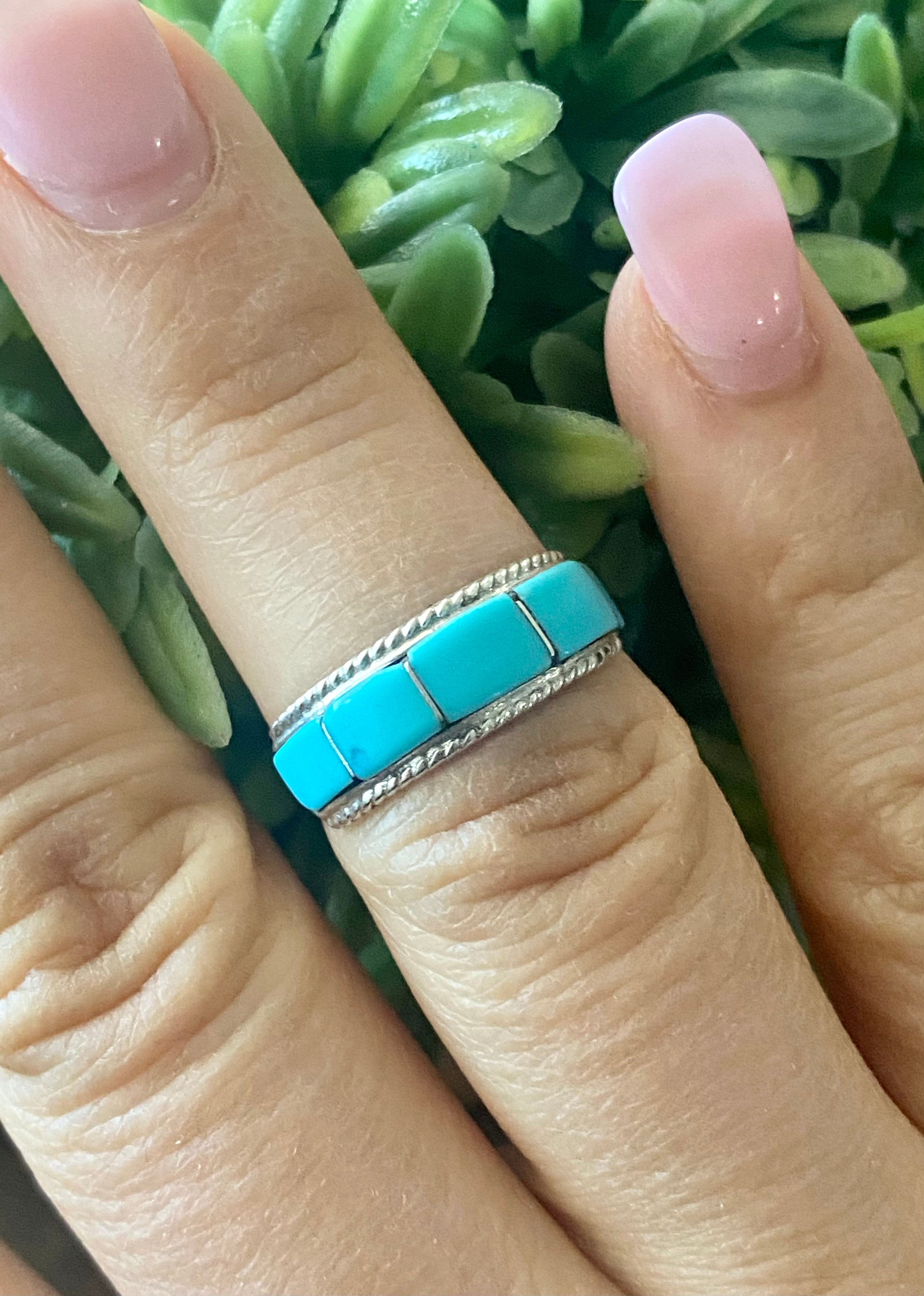 Navajo Made Turquoise & Sterling Silver Inlay Ring Size