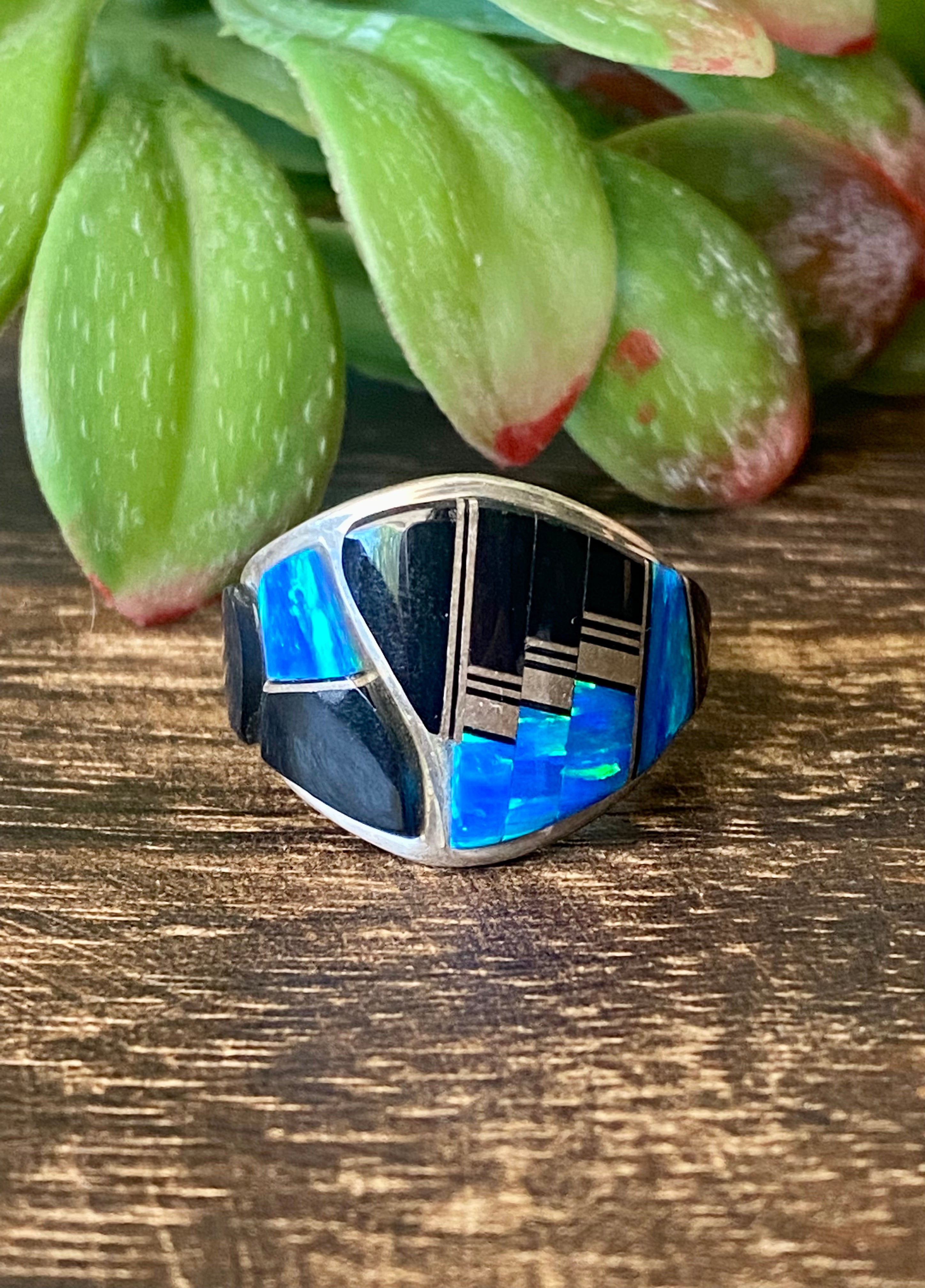 Navajo Made Multi Stone & Sterling Silver Inlay Ring Size 8.75