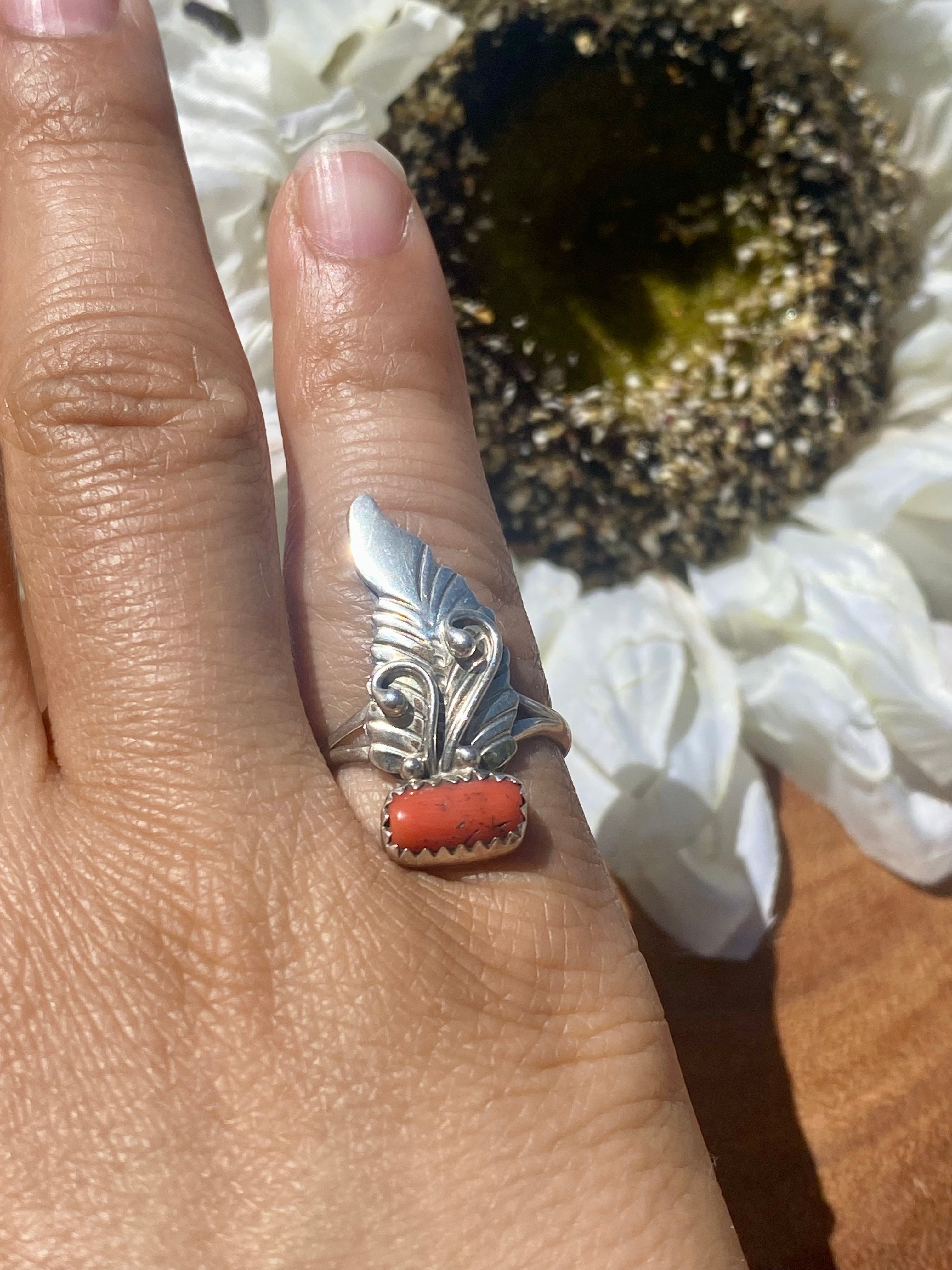 Carolynn Nez Coral & Sterling Silver Feather Ring Size 4.5
