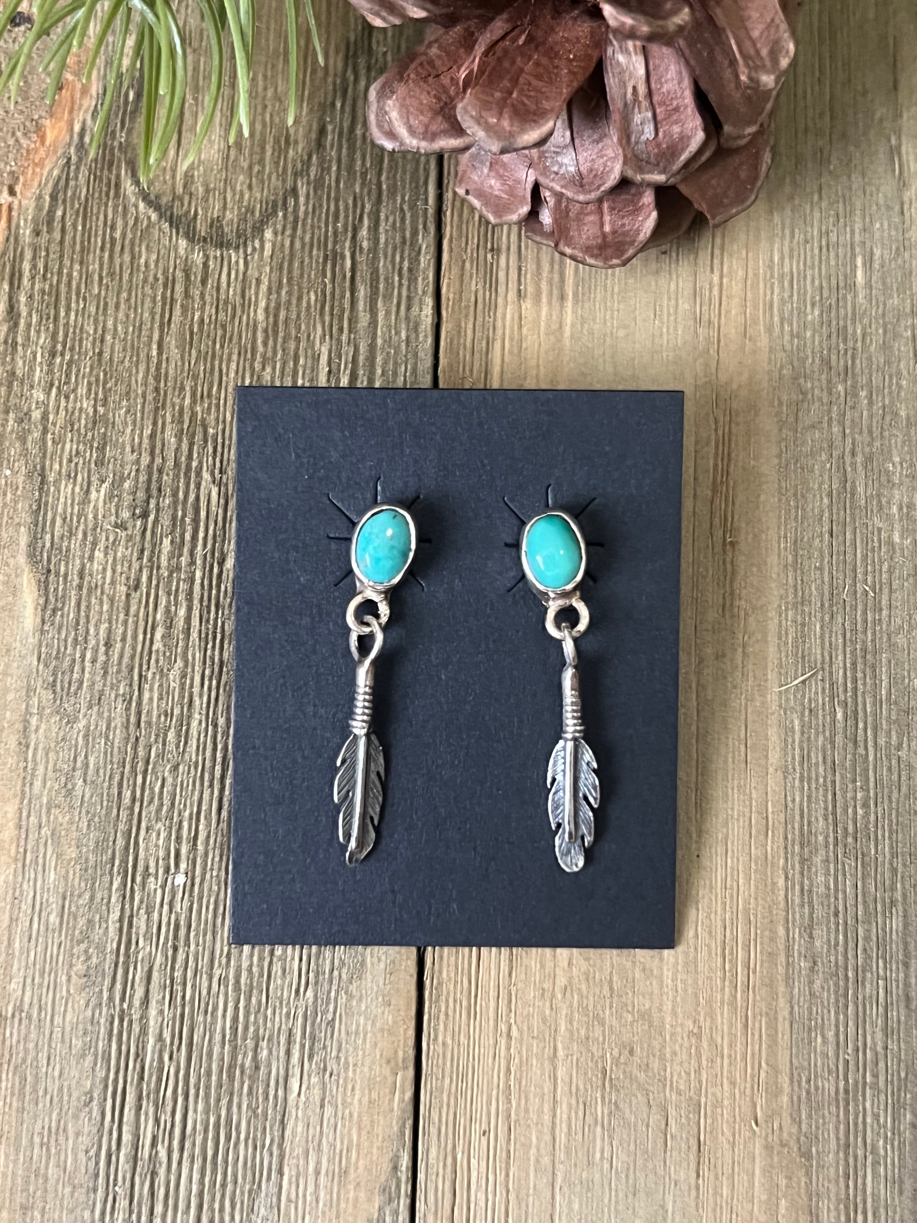 Navajo Made Kingman Turquoise & Sterling Silver Post Dangle Earrings