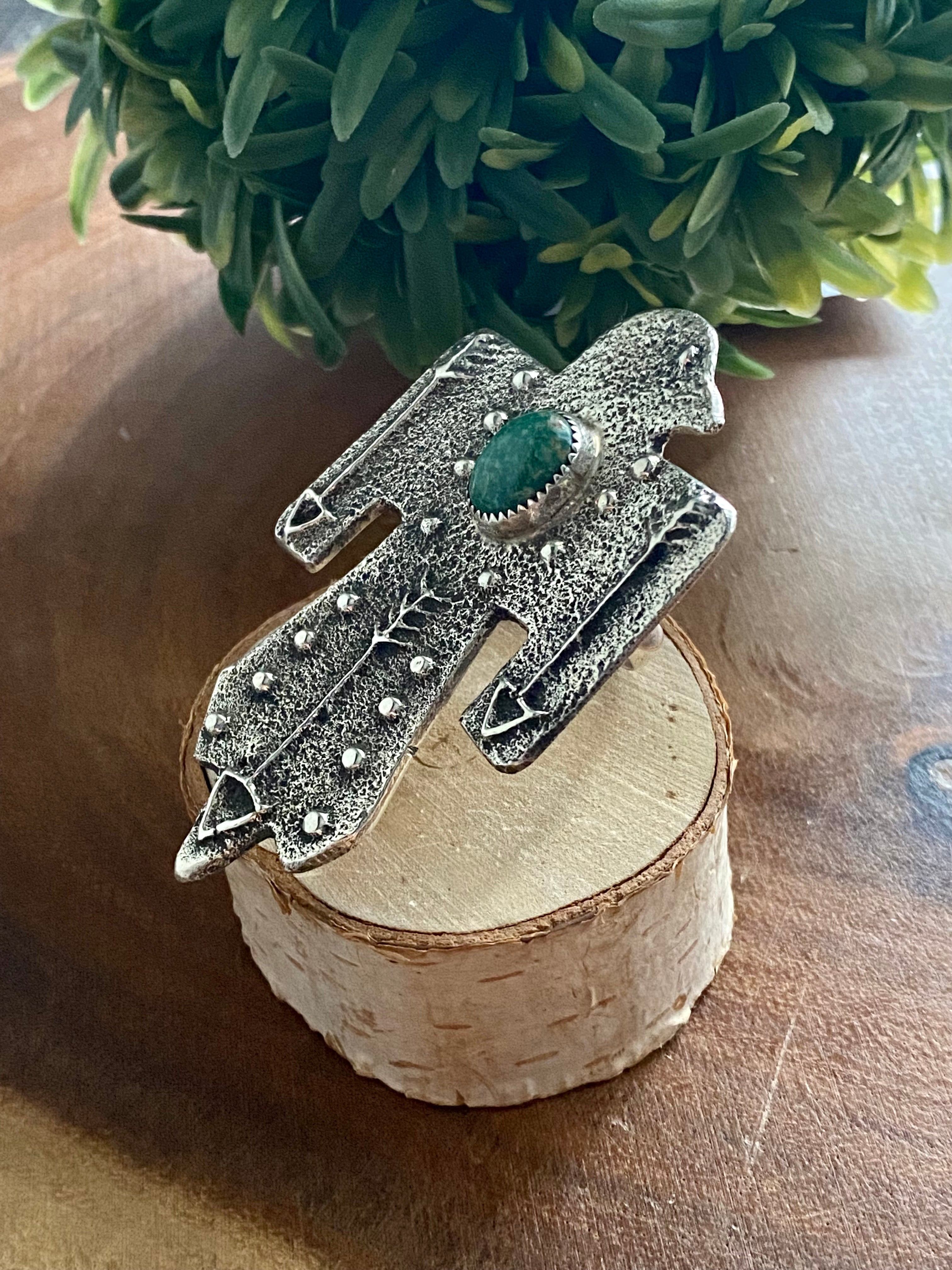 Navajo Kingman Turquoise & Sterling Silver Thunderbird Ring Size 11.25
