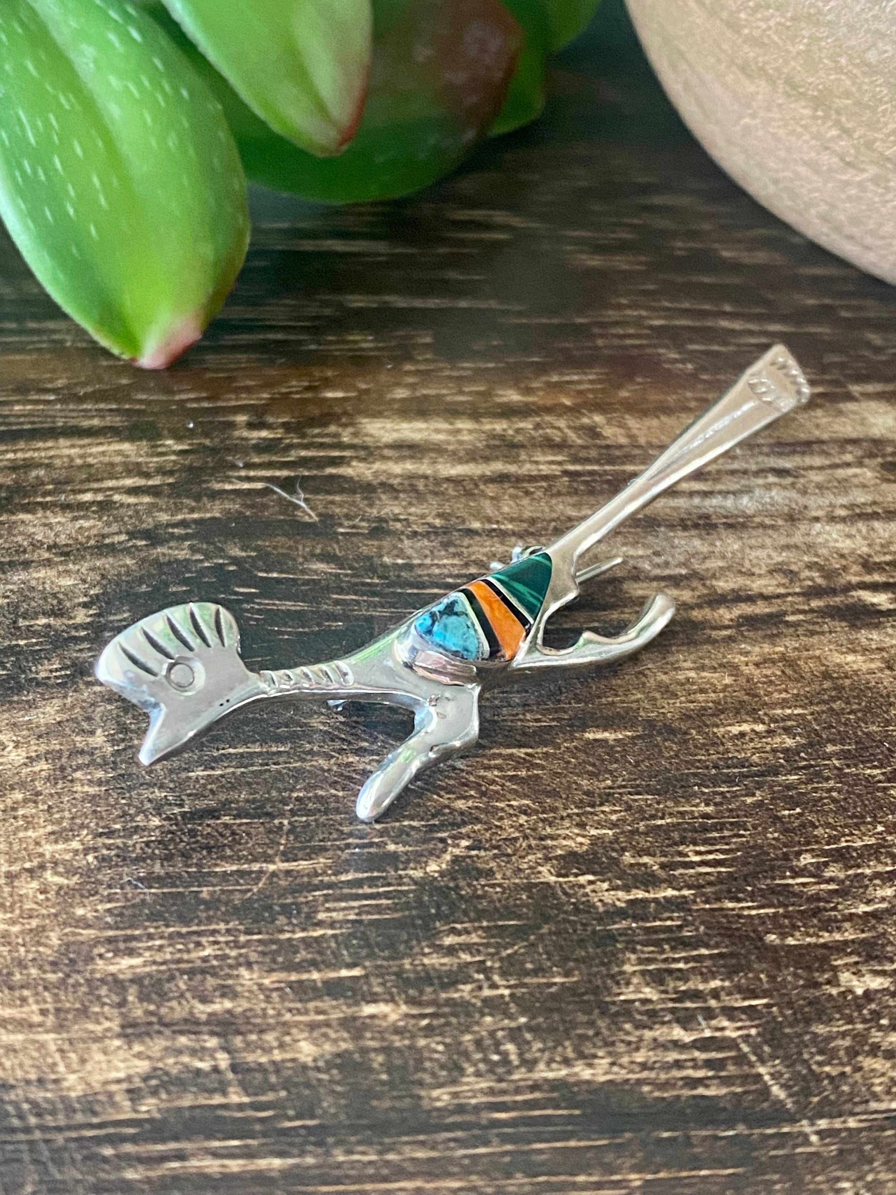 Navajo Made Multi Stone & Sterling Silver Inlay Roadrunner Pin