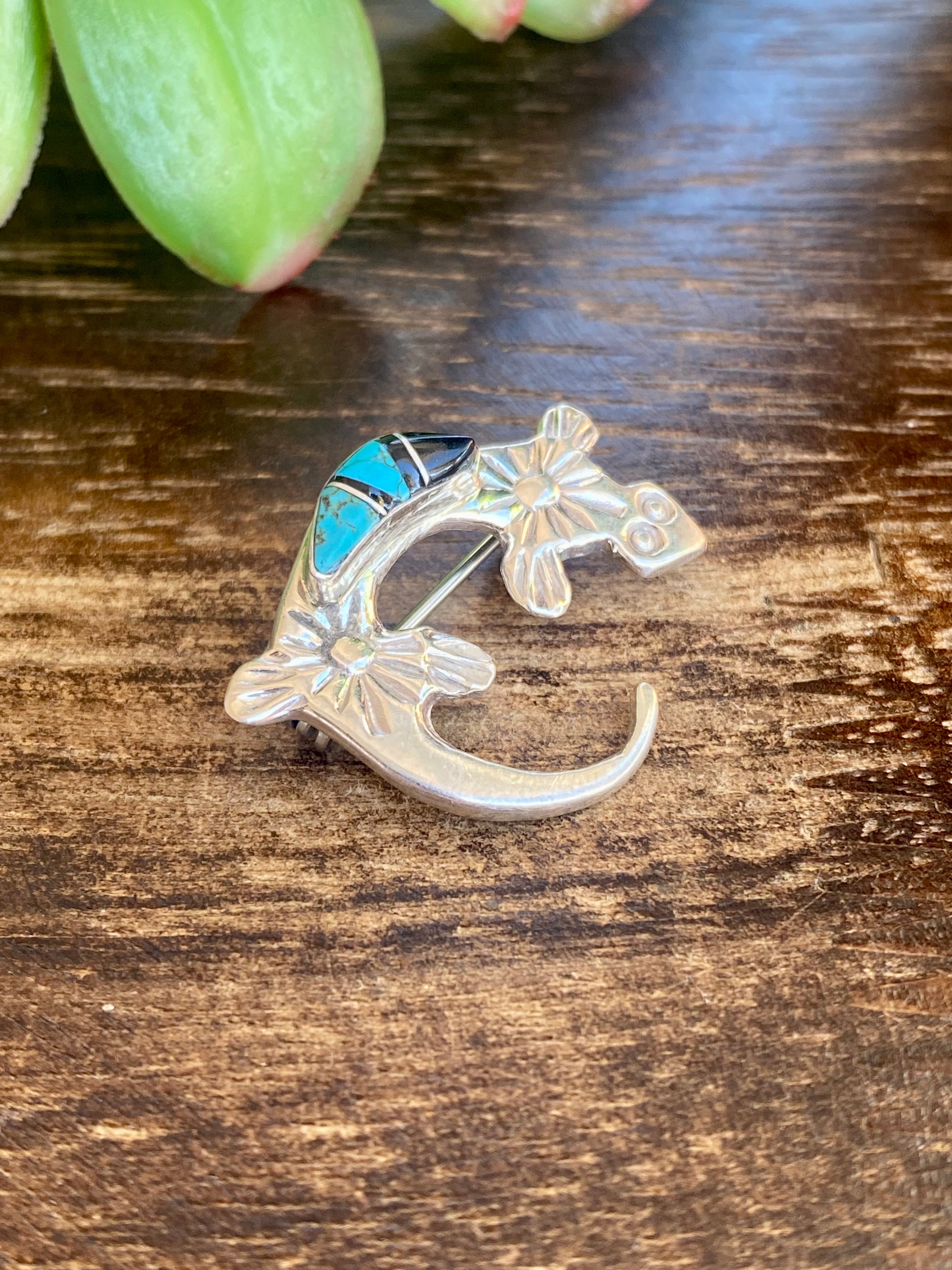 Navajo Made Multi Stone & Sterling Silver Inlay Lizard Pin