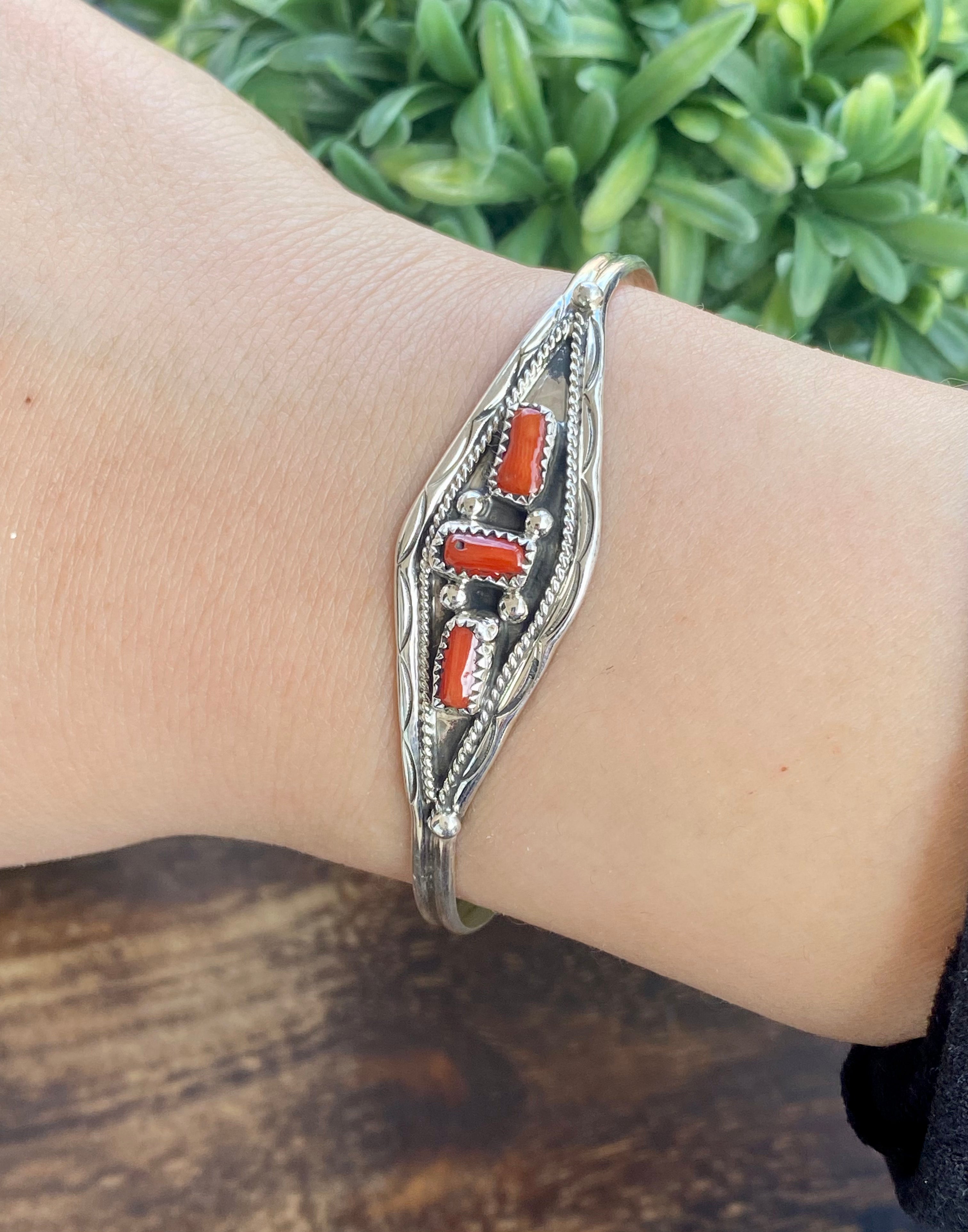 Navajo Made Coral & Sterling Silver Cuff Bracelet