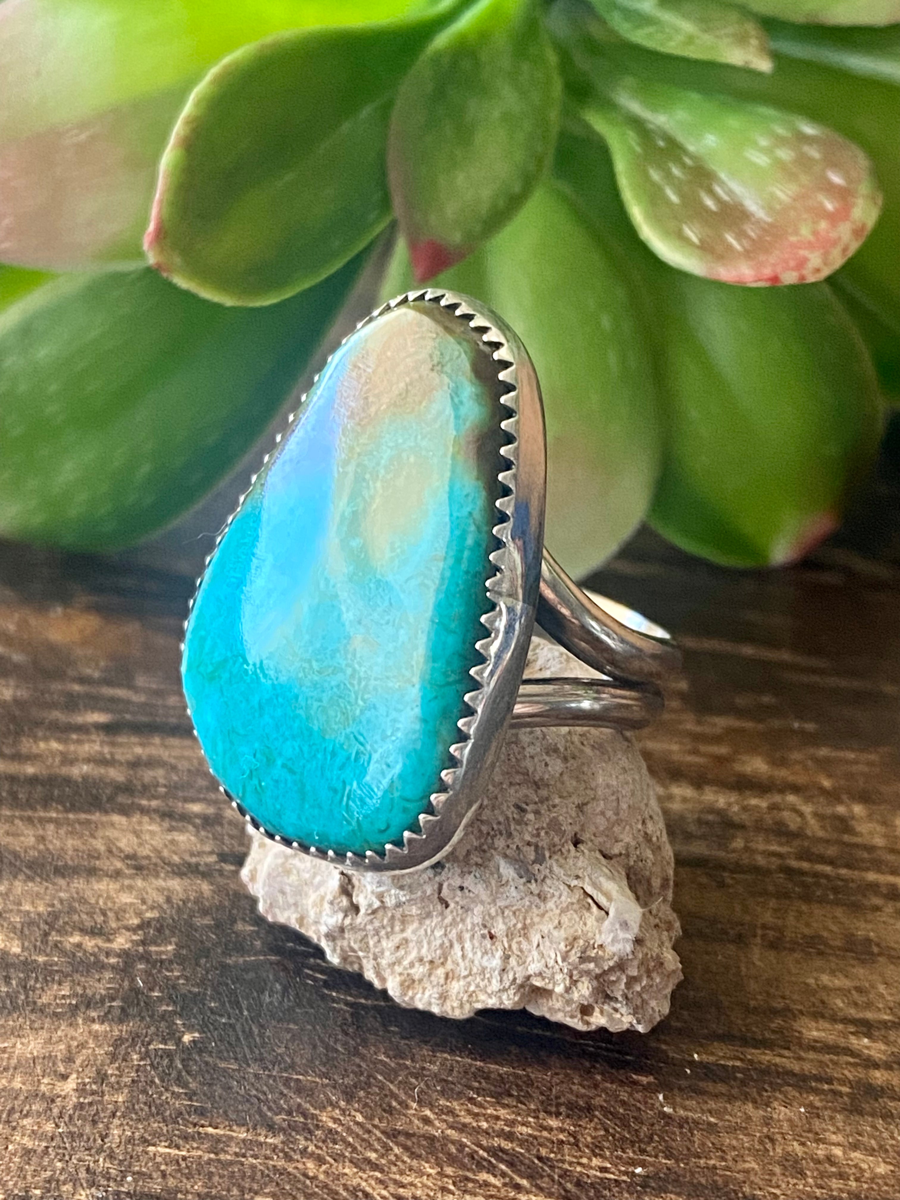 Leslie Nez Kingman Turquoise & Sterling Silver Ring Size 7.75