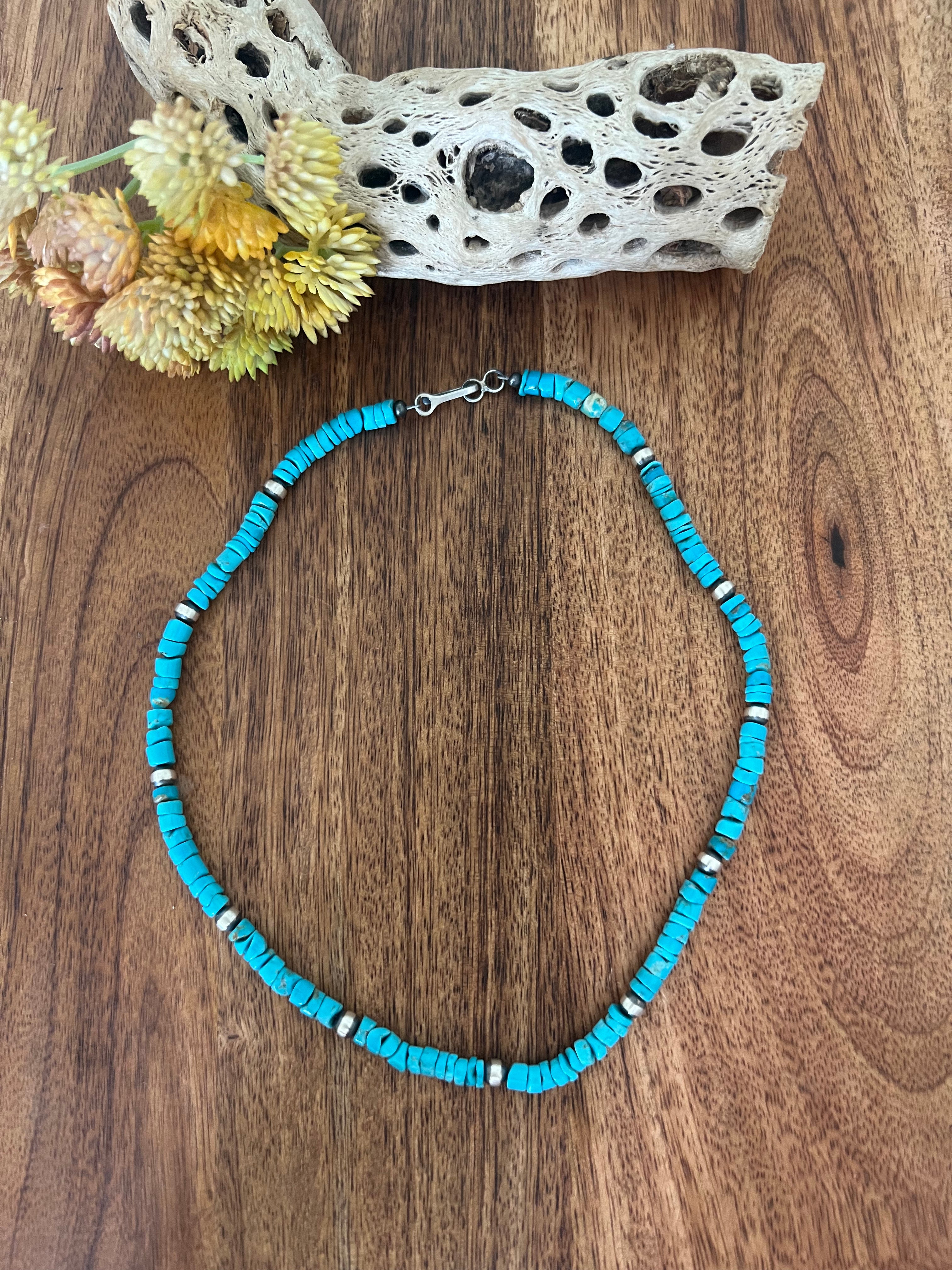 Navajo Strung Kingman Turquoise & Sterling Silver Beaded Pearl Necklace