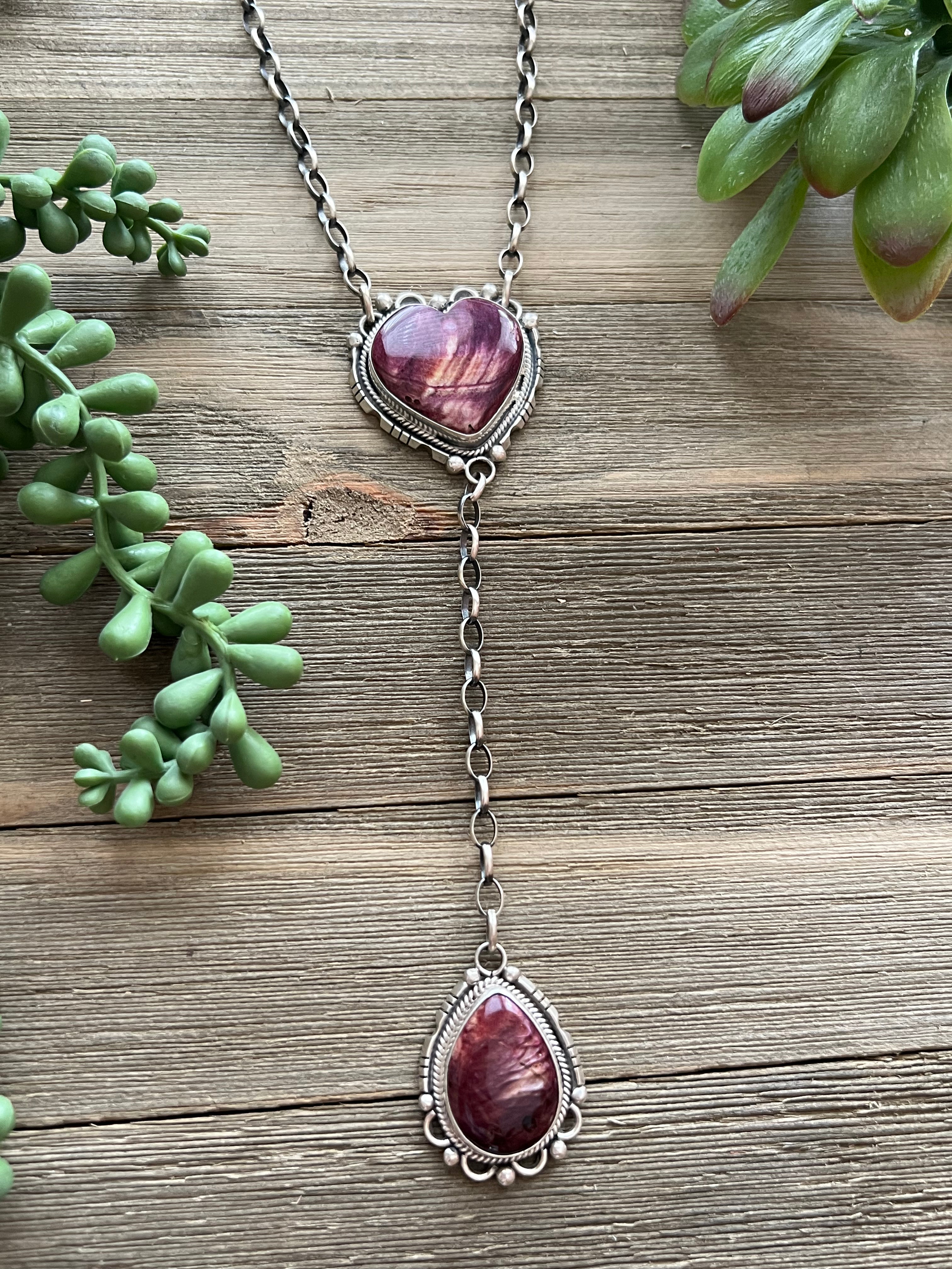 Navajo Made Purple Spiny Oyster & Sterling Silver Lariat Necklace