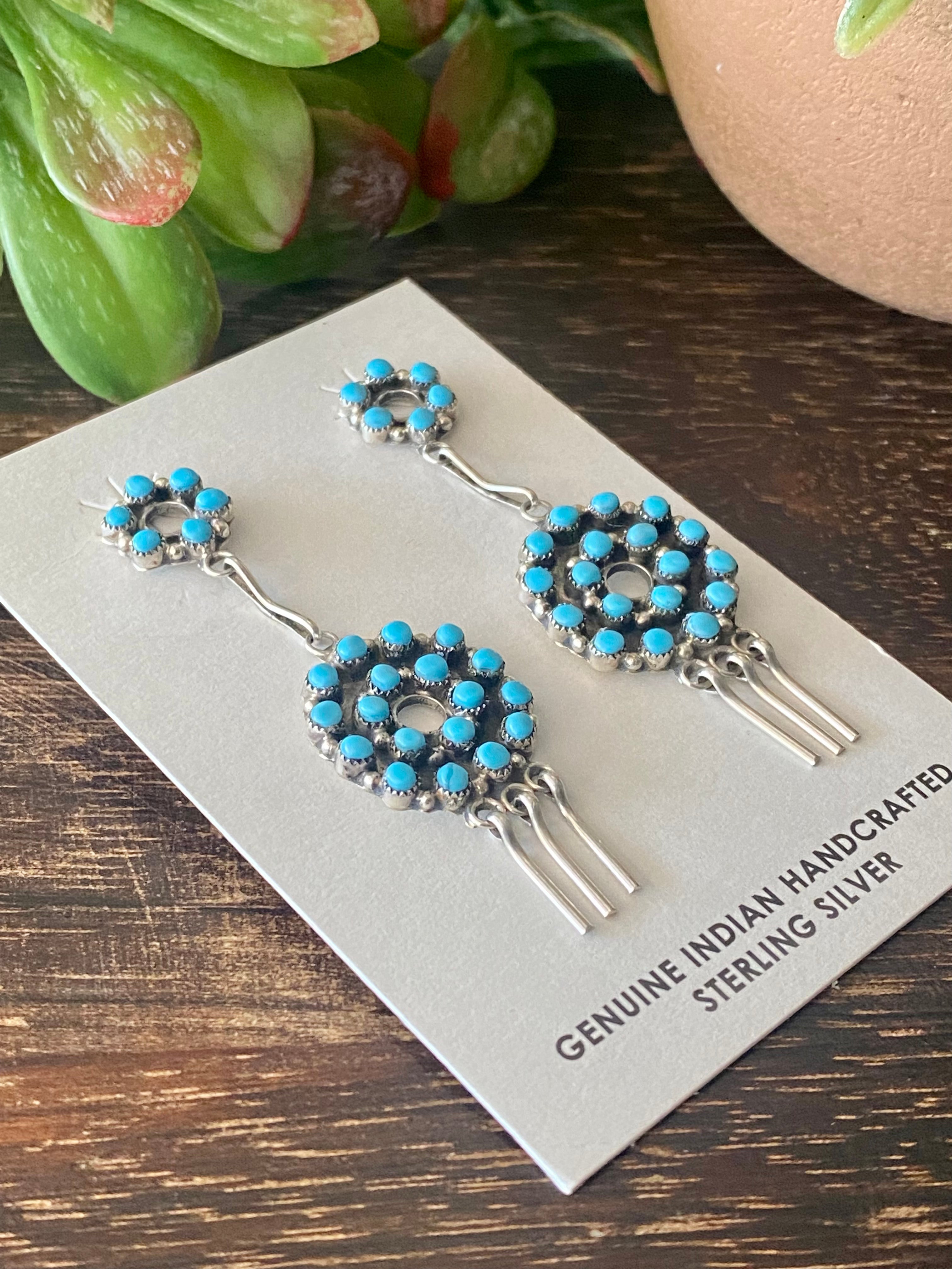Zuni Made Turquoise & Sterling Silver Petit Point Post Dangle Earrings