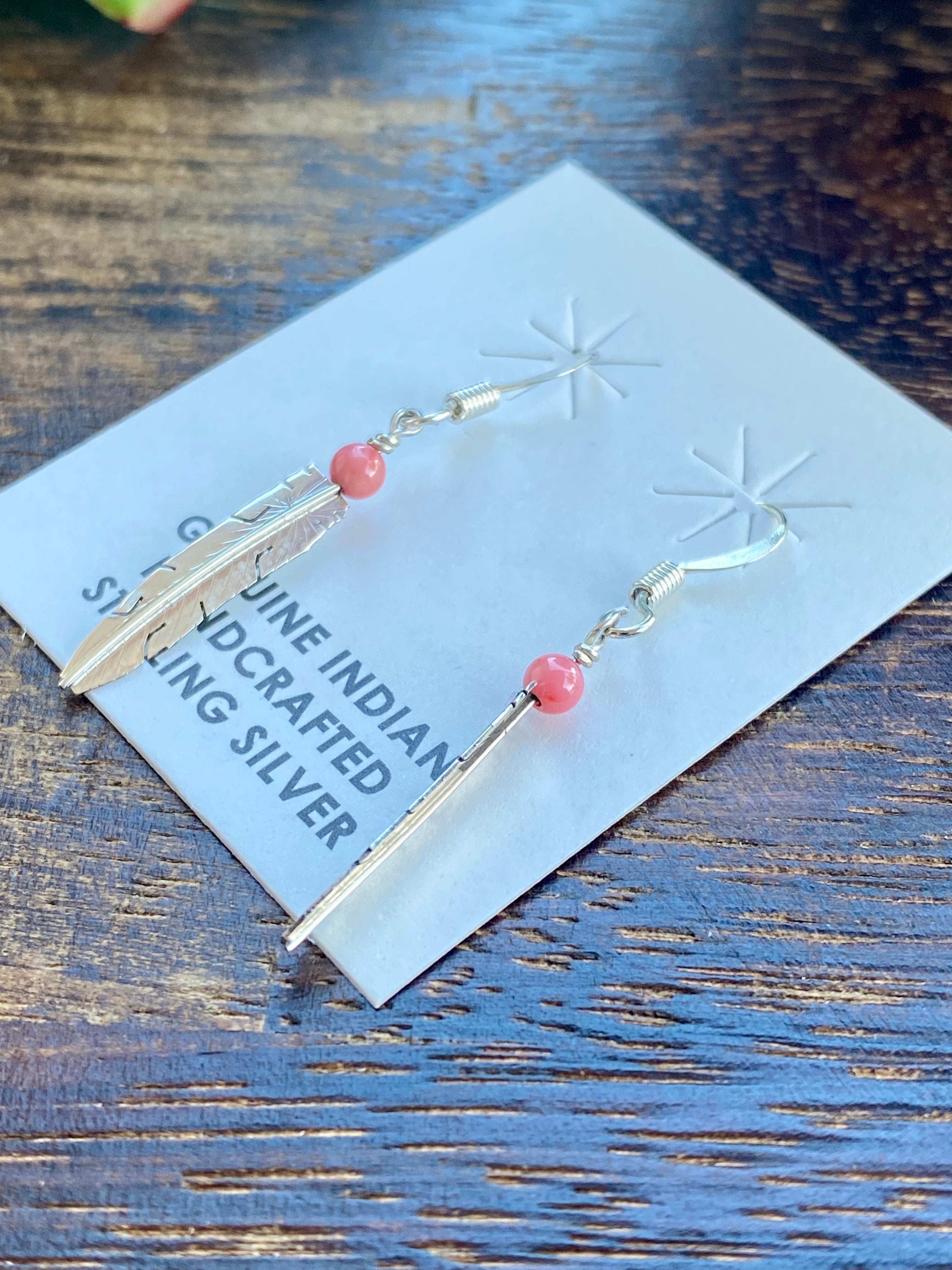 Navajo Made Pink Coral & Sterling Silver Feather Dangle Earrings