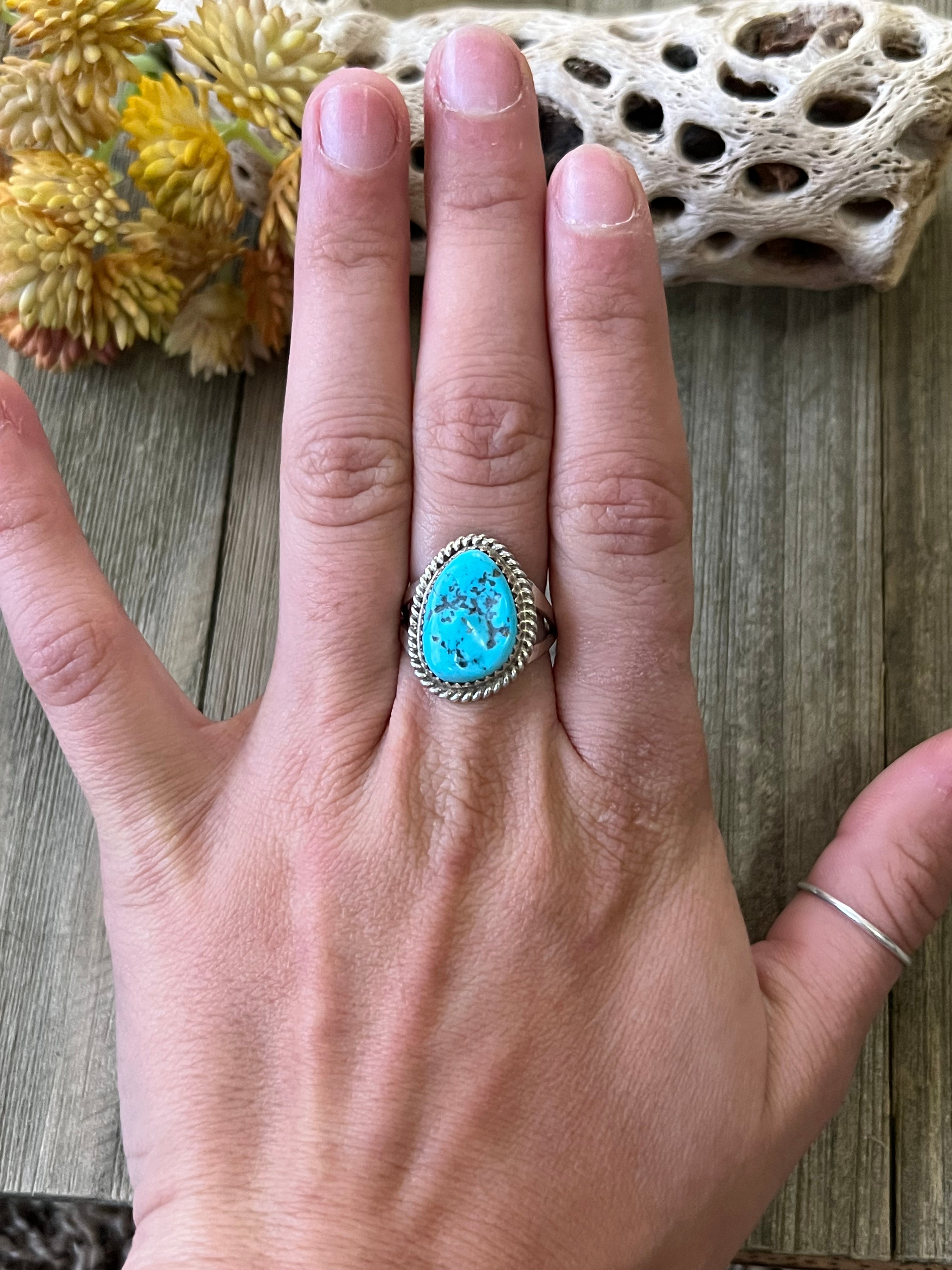 Navajo Made Kingman Turquoise & Sterling Silver Ring Size 7.25