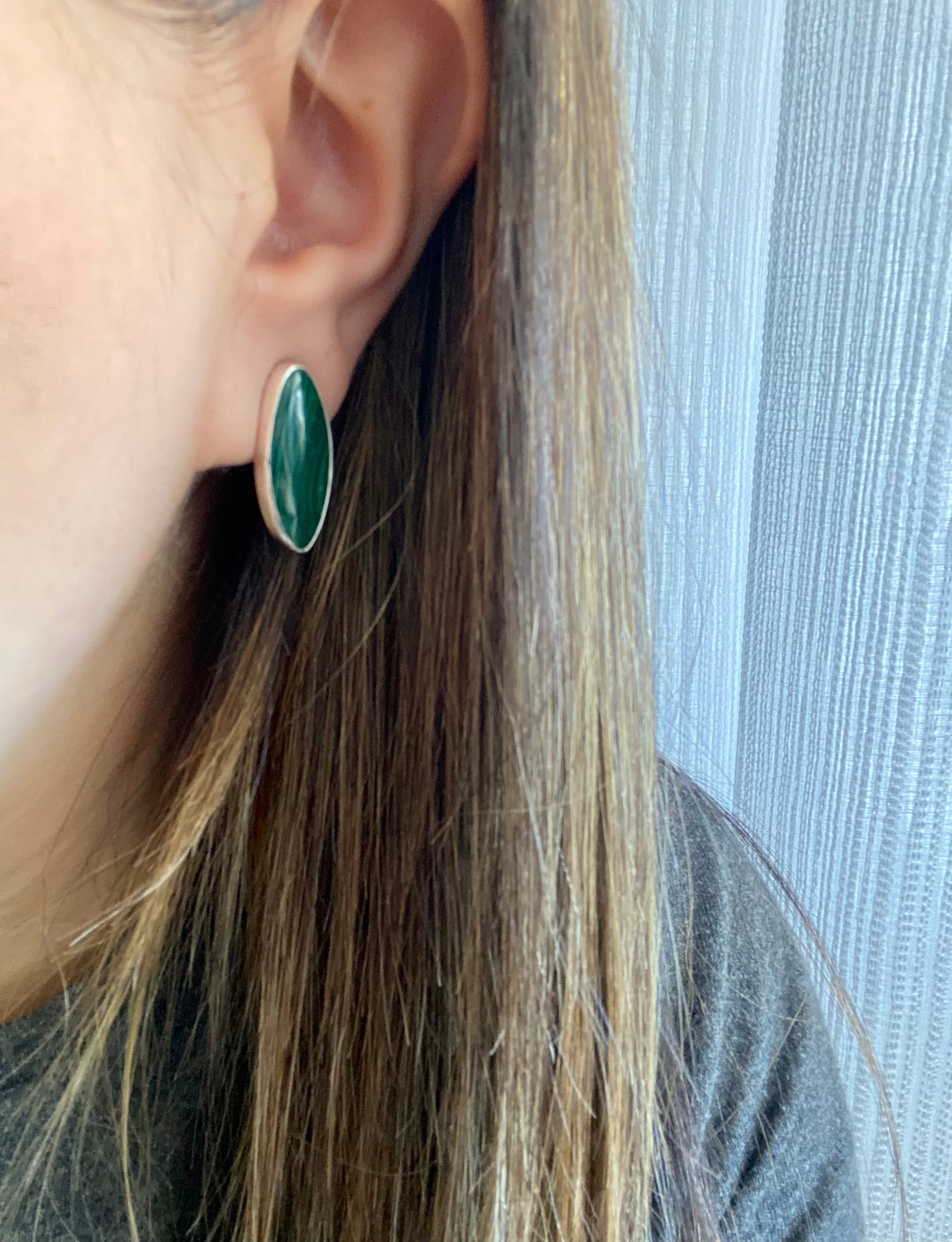 Navajo Made Malachite & Sterling Silver Post Dangle Earrings