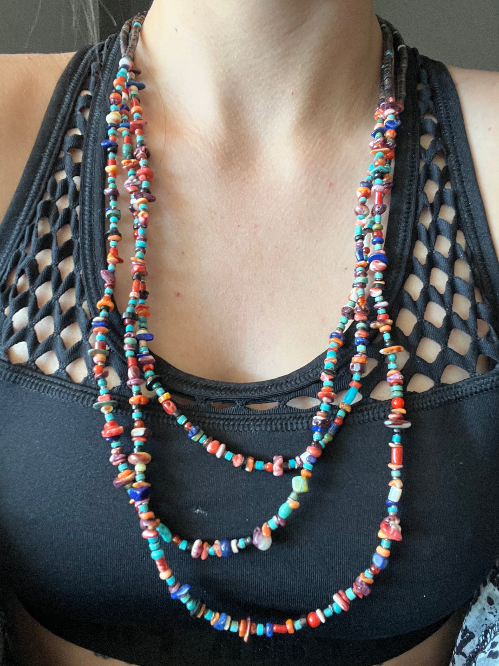 Navajo Multi Stone & Sterling Silver Beaded Three Strand Necklace