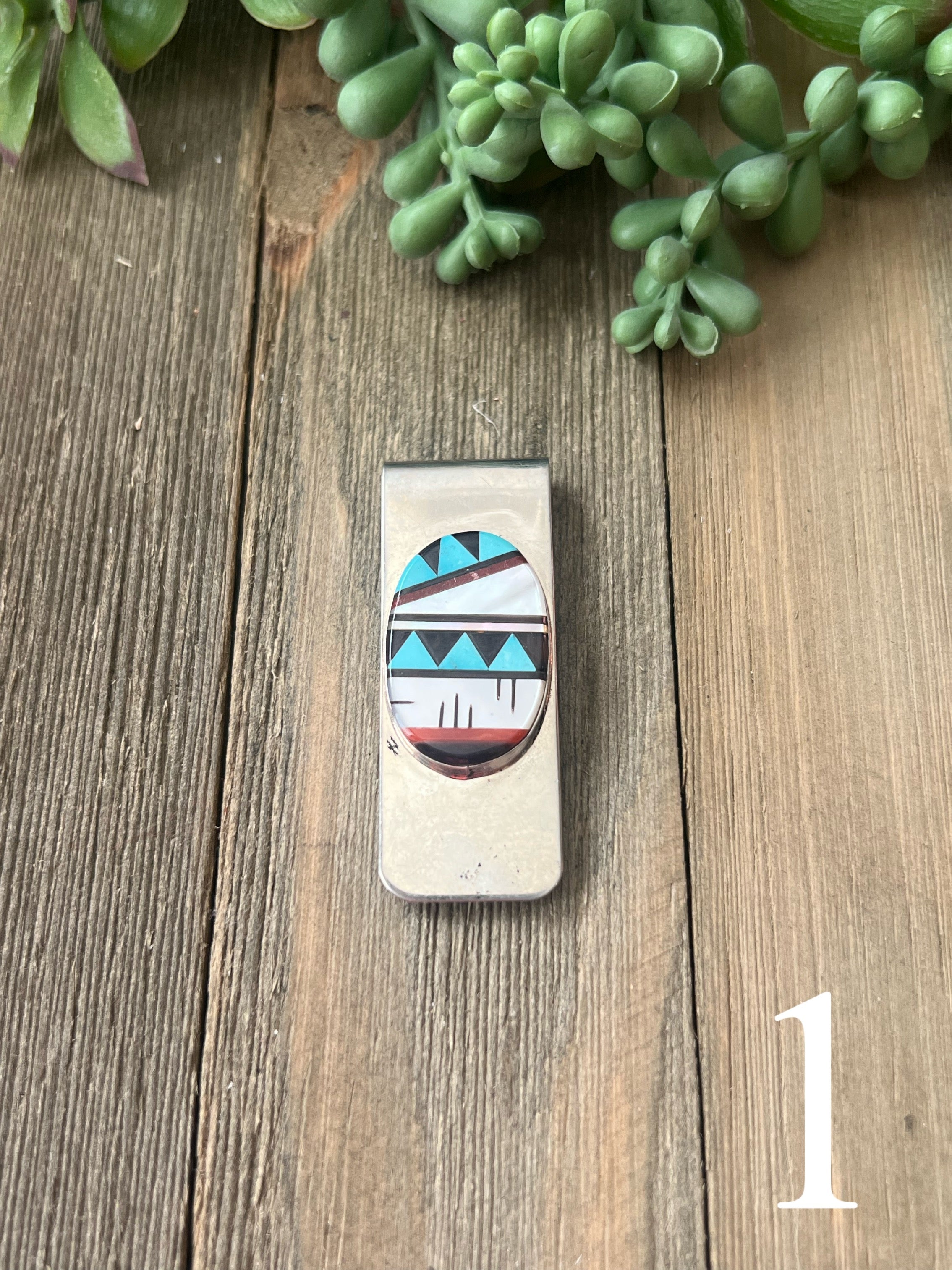 Zuni Made Multi Stone & Sterling Silver Inlay Money Clip