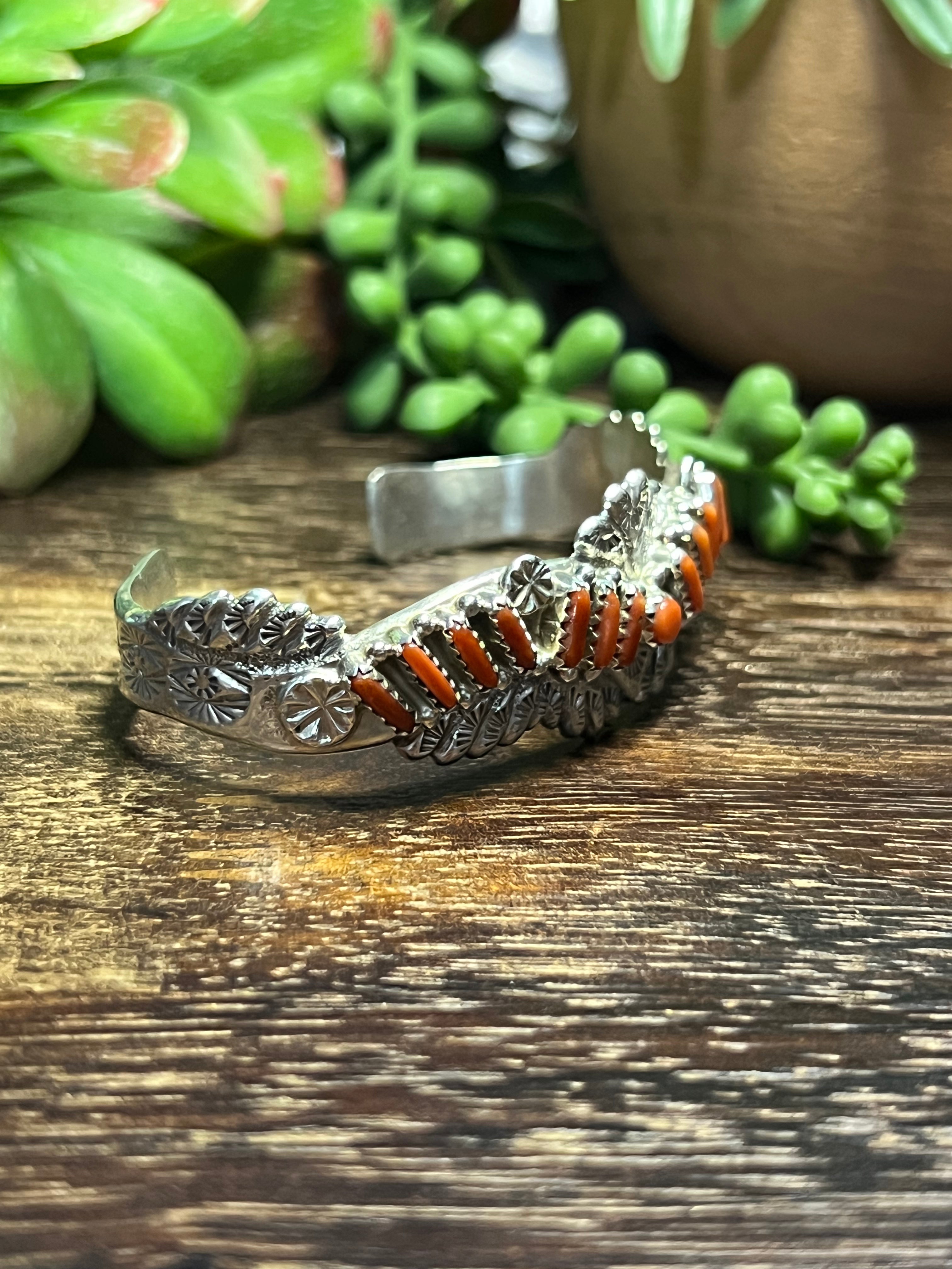 Navajo Made Coral & Sterling Silver Cuff Bracelet